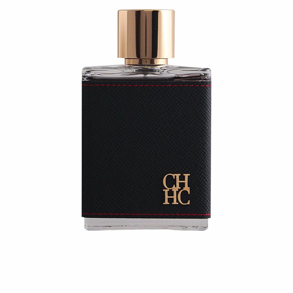 Eau de Toilette fles met zwart imitatieleer, rode stiksel en gouden dop. CH HC logo.