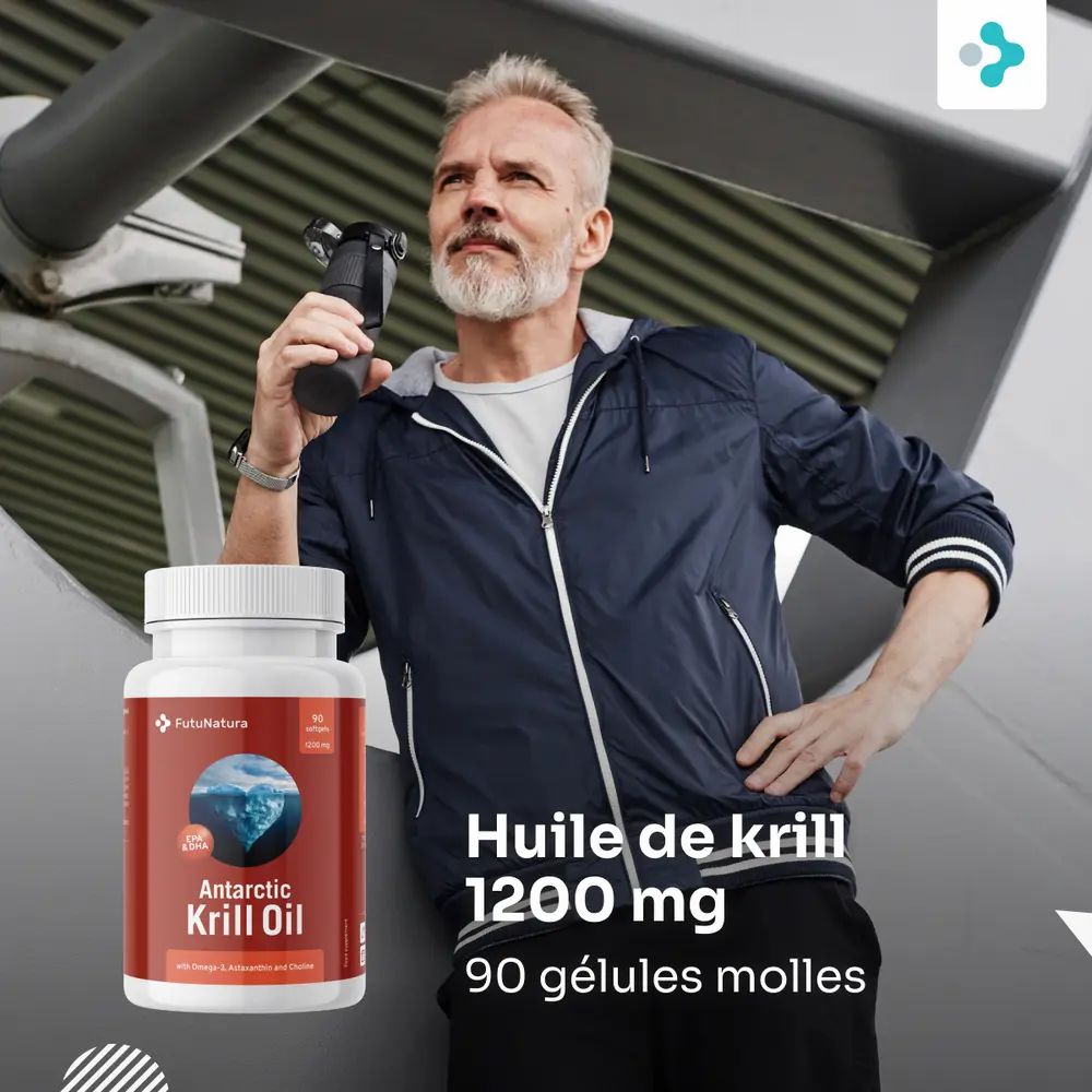 Homme avec flacon d'Antarctic Krill Oil. Inscription: Huile de krill 1200 mg, 90 gélules molles.