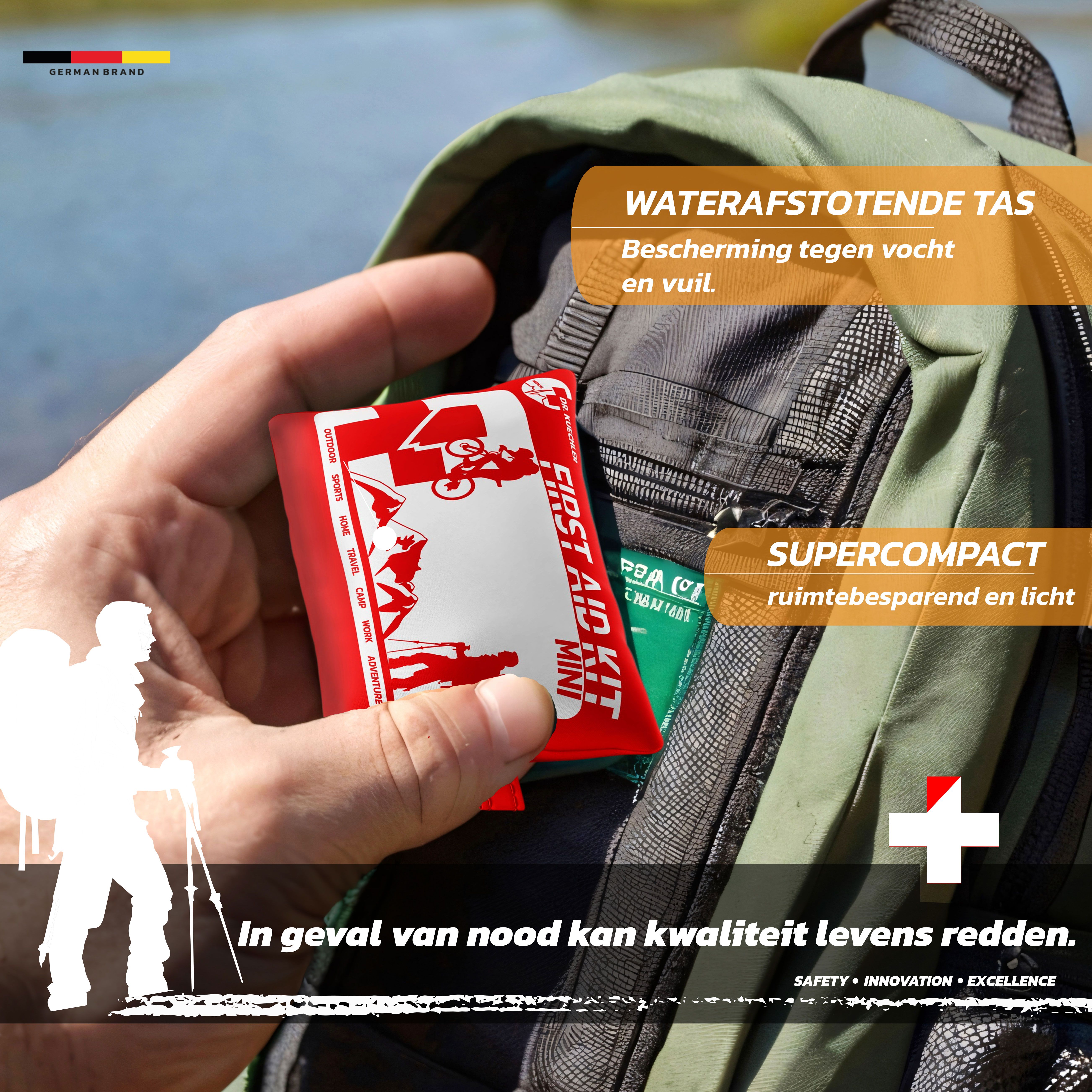 Rode EHBO-kit in een tas. Opdruk: First Aid Kit Mini. Tekst: In geval van nood kan kwaliteit levens redden.