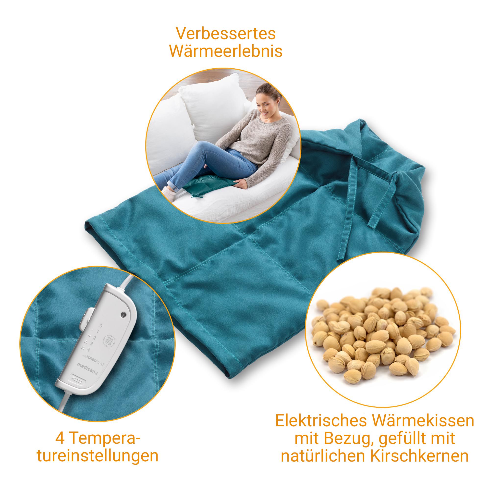 Elektrisch kersenpitkussen met afneembare hoes, petrol.