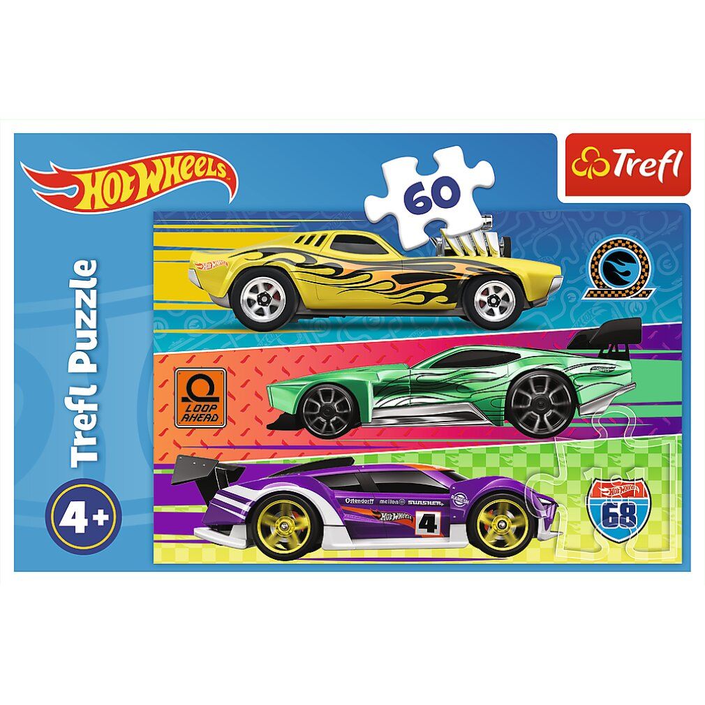 Trefl Puzzel Hot Wheels, 60 stukjes. Drie Hot Wheels auto's afgebeeld. Logo's Hot Wheels en Trefl. Puzzelstukje met het nummer 60.