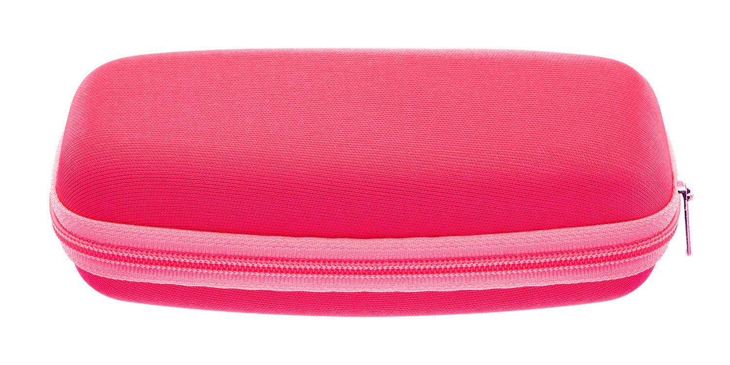 Étui à lunettes rose avec fermeture éclair. Forme rectangulaire, coque rigide. Fermeture éclair.