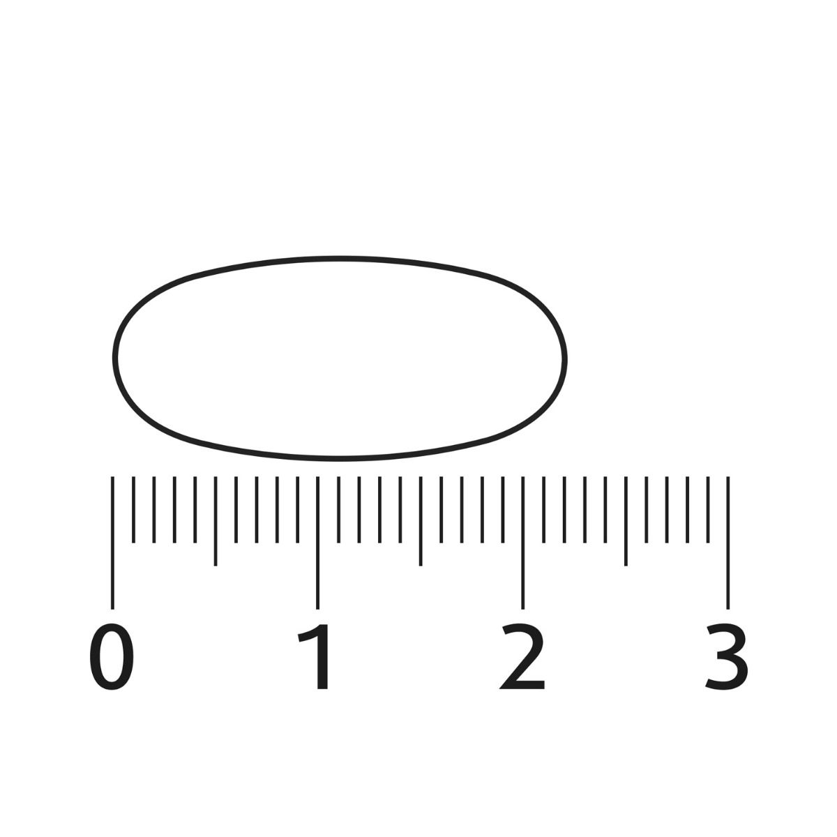 Ovale tablet naast een meetschaal. De tablet is ongeveer 2 cm lang.
