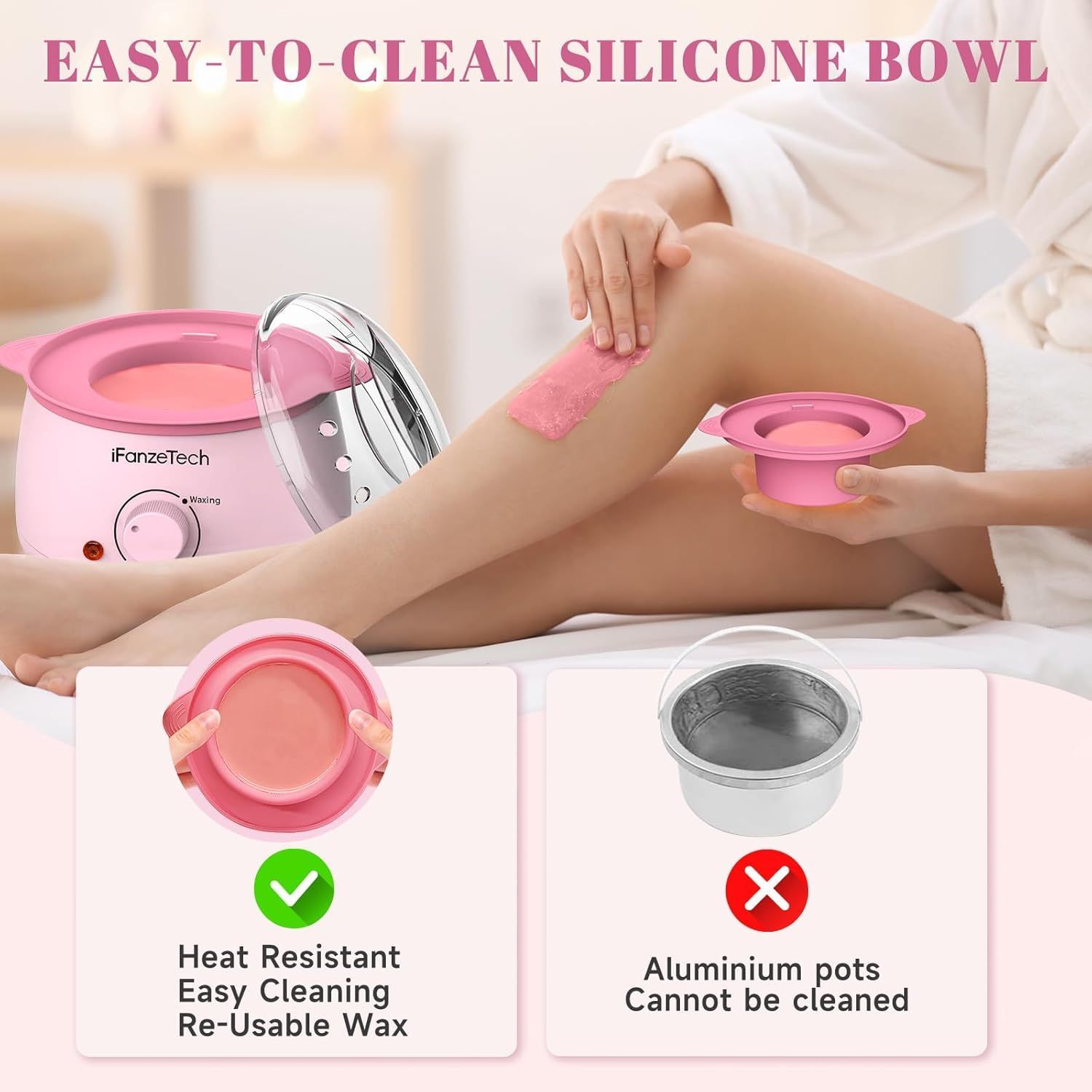 Roze waxwarmer en siliconen kom. Vergelijking: hittebestendige, herbruikbare siliconen kom vs. niet-reinigbare aluminium potten.