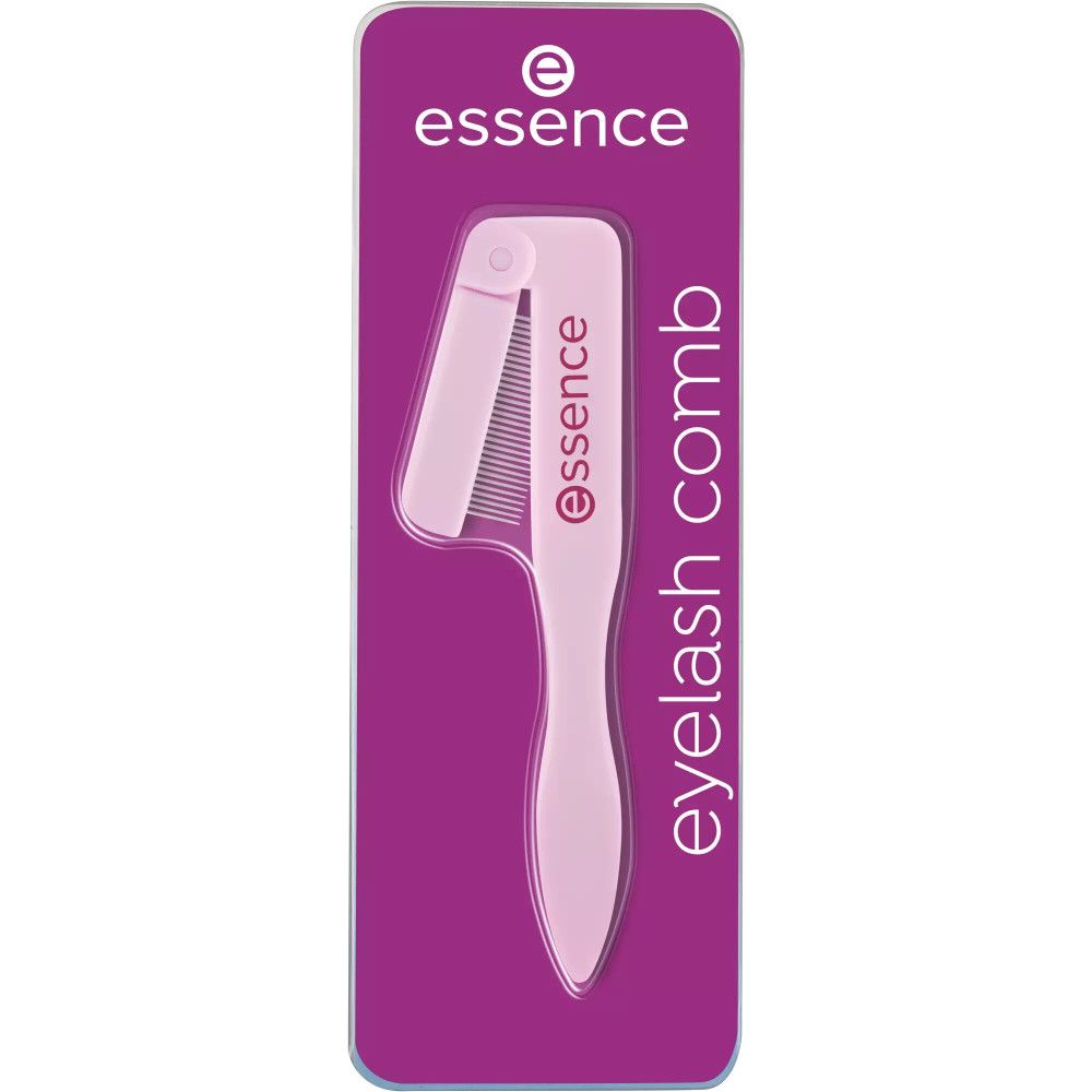 Peigne à cils dans son emballage. Peigne rose avec manche et étui de protection. Marque : Essence. Texte : Eyelash comb.