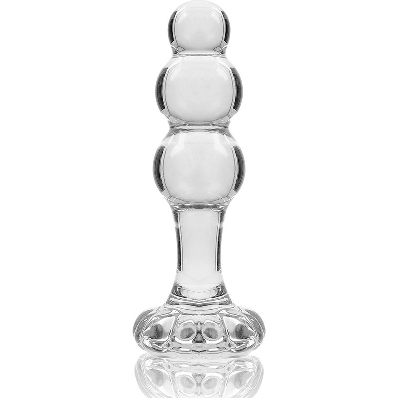 Duidelijke glazen butt plug met bolvormige versieringen en een brede, platte basis.