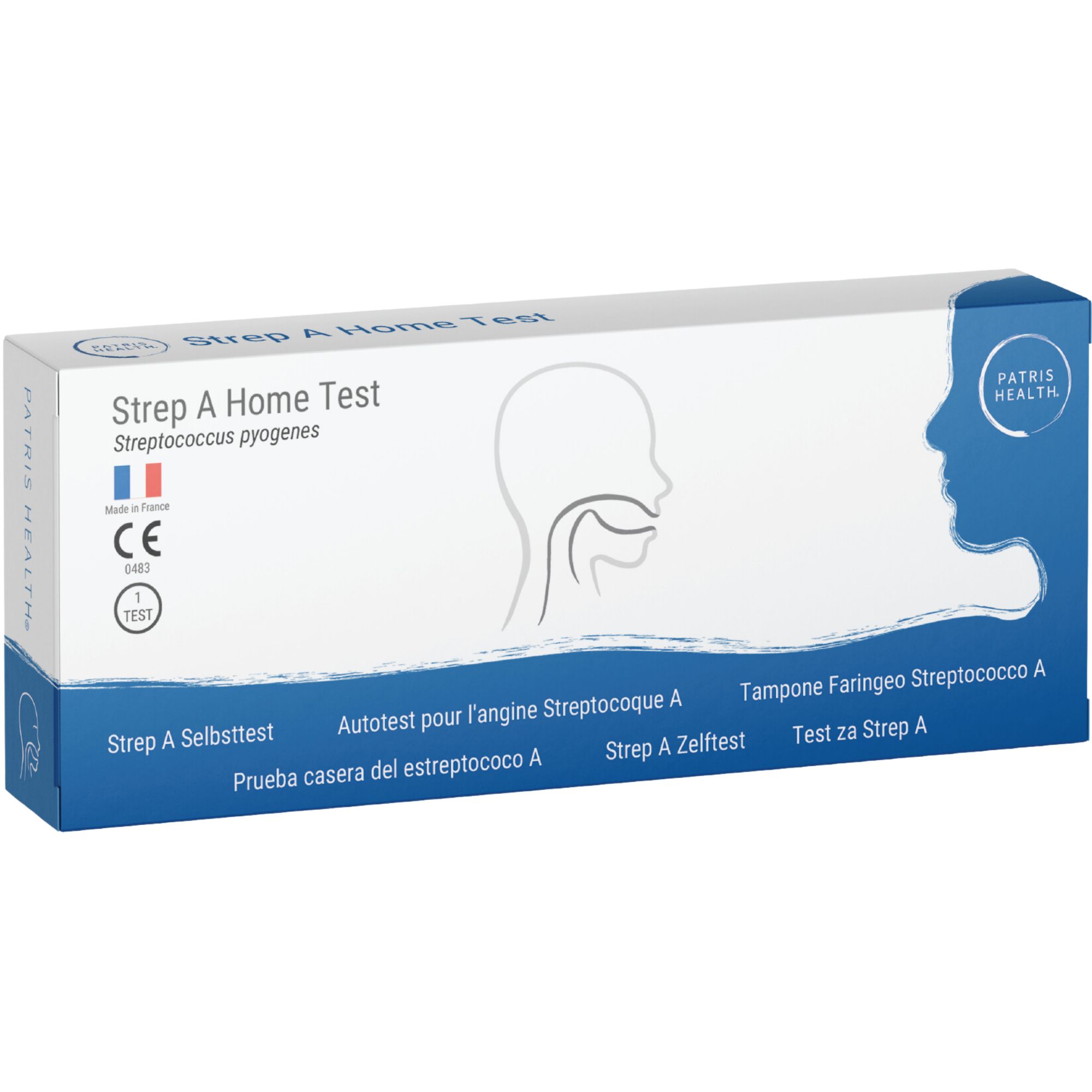 Verpakking van de Patris Health® Strep A Home Test. Doos met productnaam, certificeringen en fabrikantinfo.