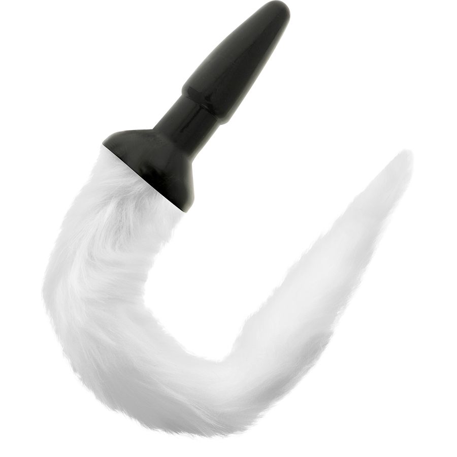 Plug anal en silicone noir avec une longue queue en fausse fourrure blanche.