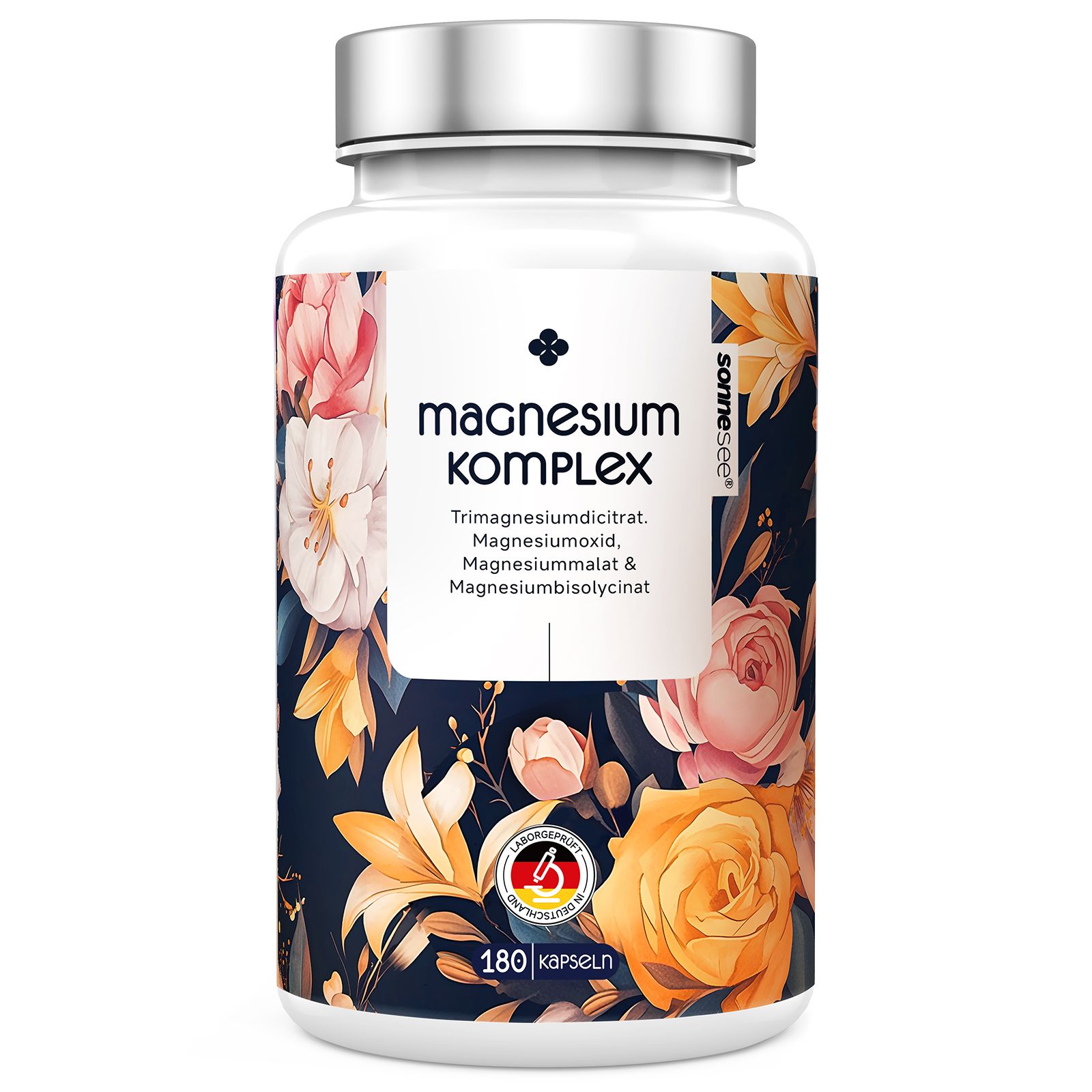 Bouteille de capsules de complexe de magnésium, 180 pièces, avec motif floral.