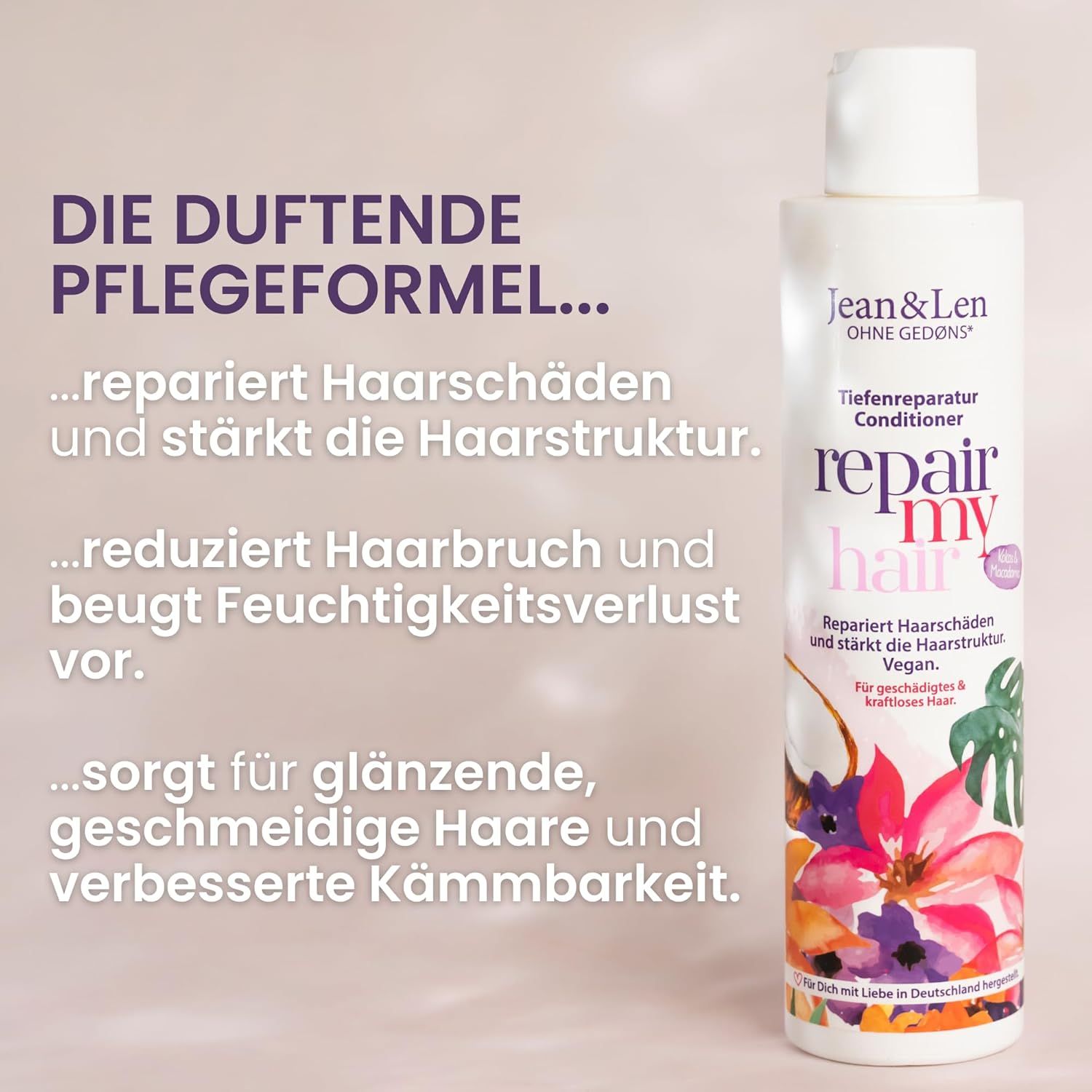 Fles conditioner. Tekst: De geurige verzorgingsformule... herstelt schade, vermindert haarbreuk, zorgt voor glanzend haar.