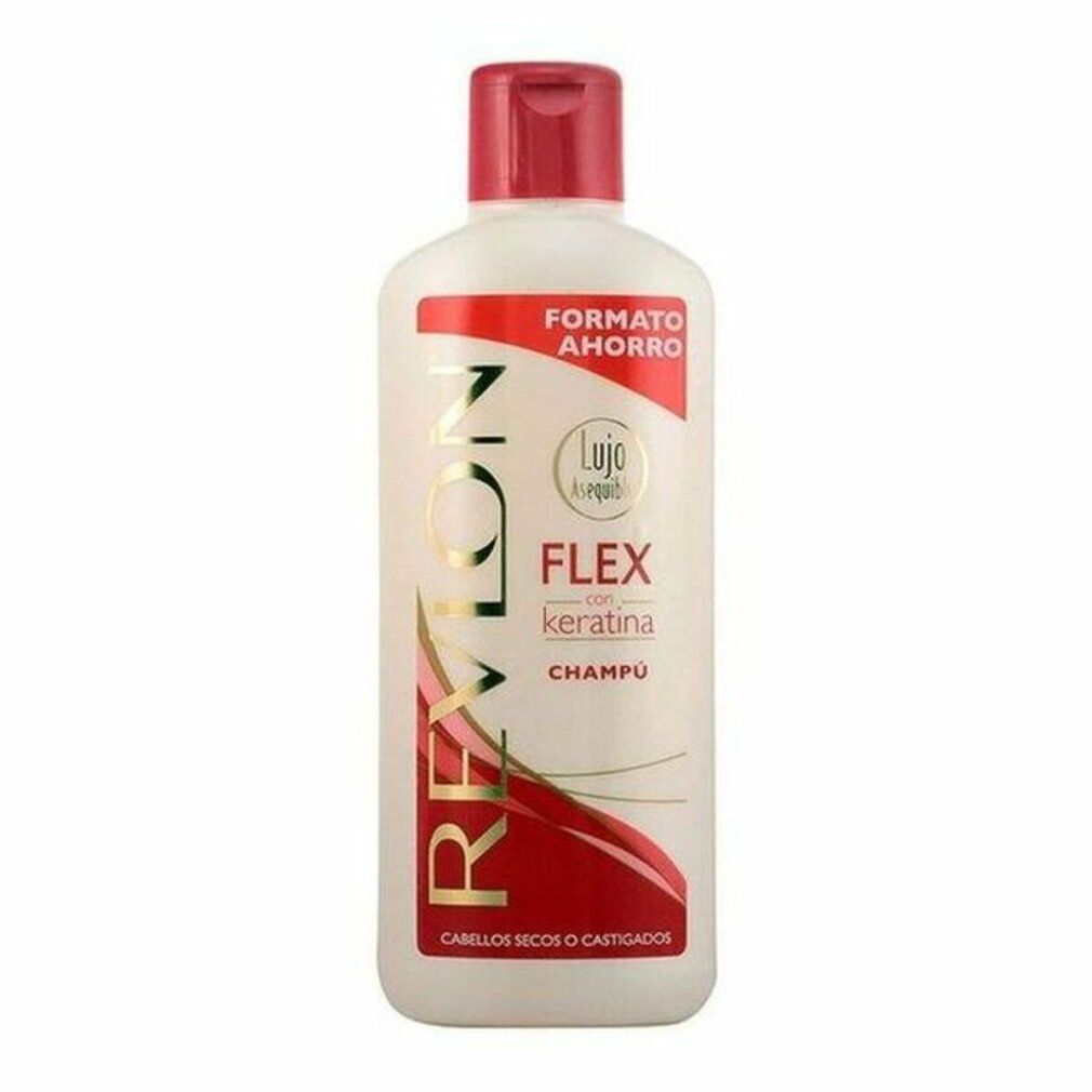 Bouteille de shampoing Revlon Flex Kératine, bouchon et étiquette rouges.