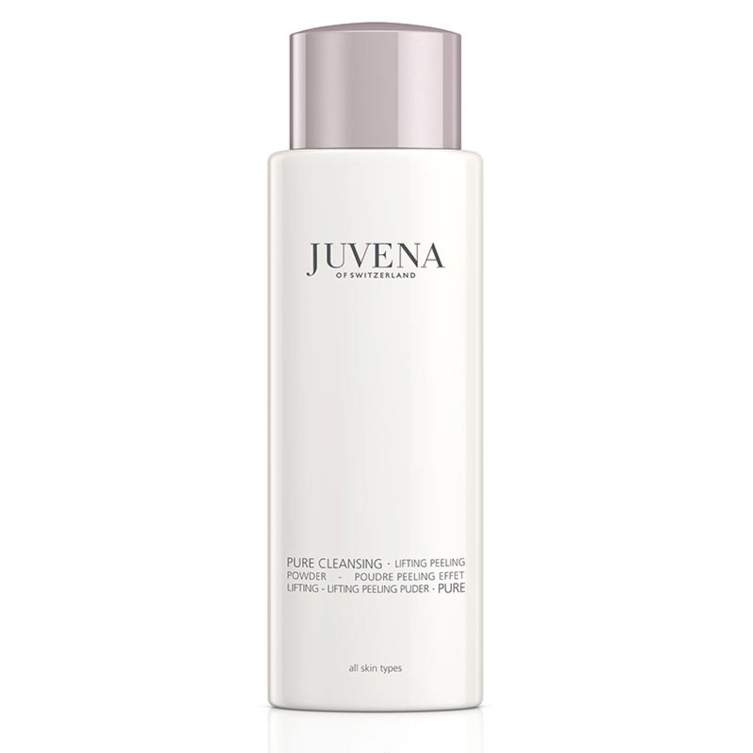 Flacon blanc, bouchon rose. Inscription: Juvena of Switzerland. Nom du produit: Pure Cleansing Lifting Peeling Powder.