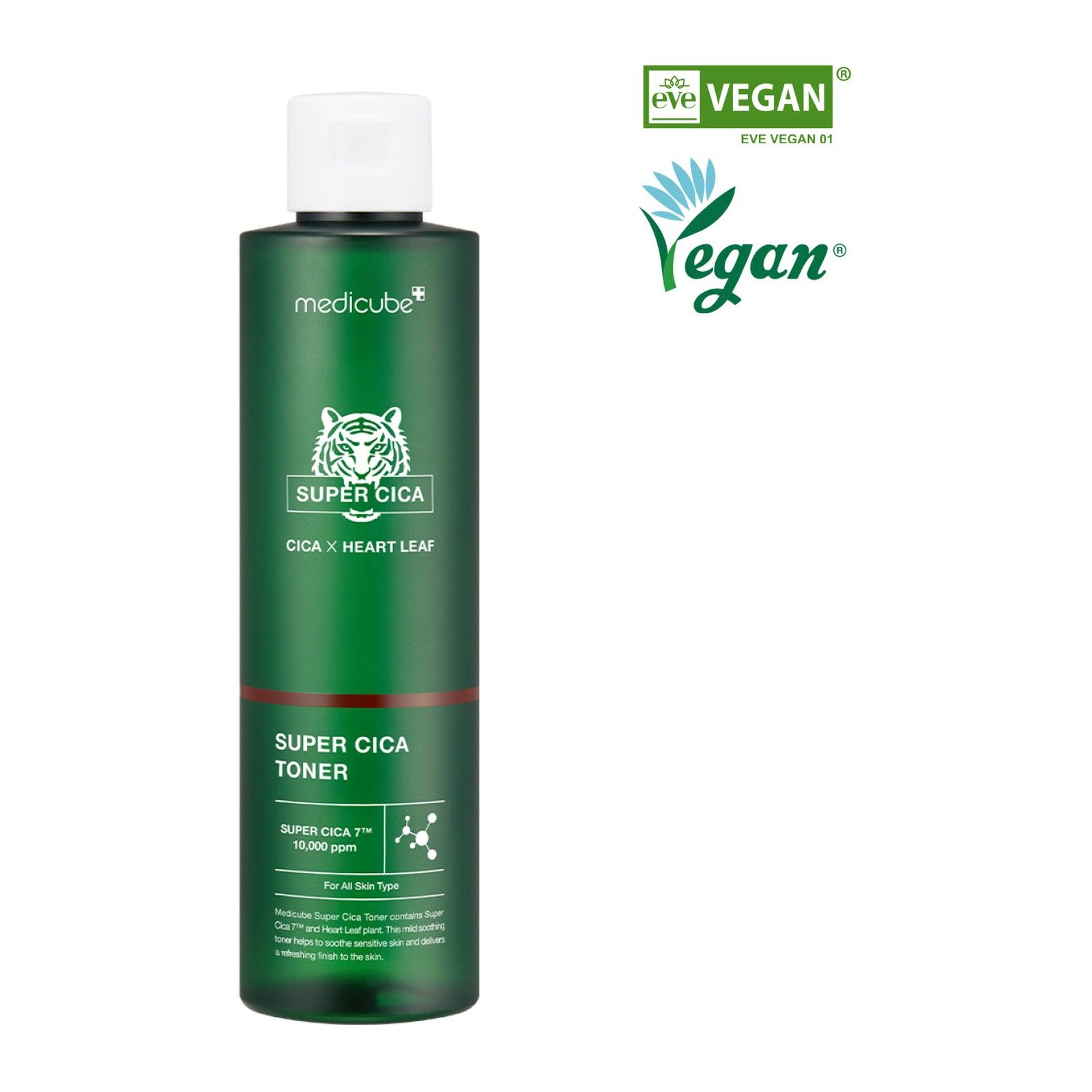 MEDICUBE Super Cica Toner in donkergroene fles met witte dop. Vegan-logo's rechtsboven.