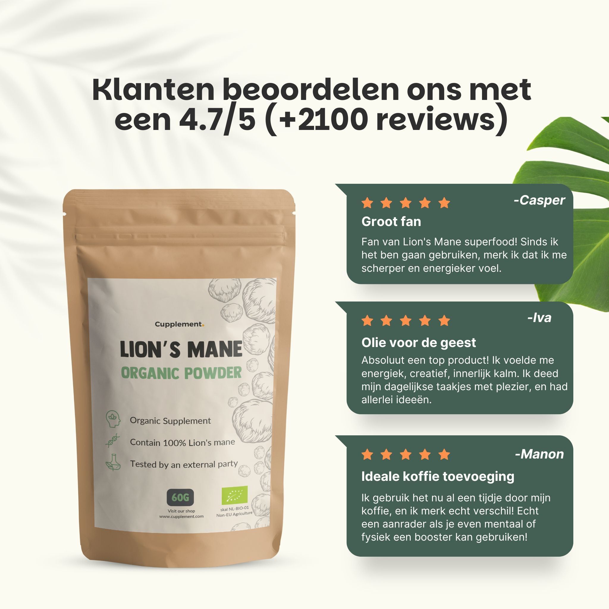 Zakje leeuwenmanenpoeder. Bruine verpakking met wit etiket. Tekst: LION'S MANE ORGANIC POWDER. Klantenbeoordelingen.