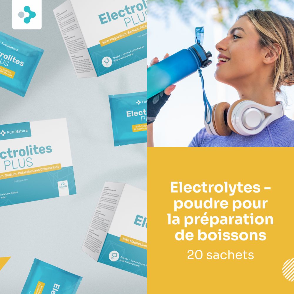 FutuNatura Electrolytes Plus. 20 sachets. Femme buvant d'une gourde bleue. Fond jaune. Texte: Poudre pour la préparation de boissons.
