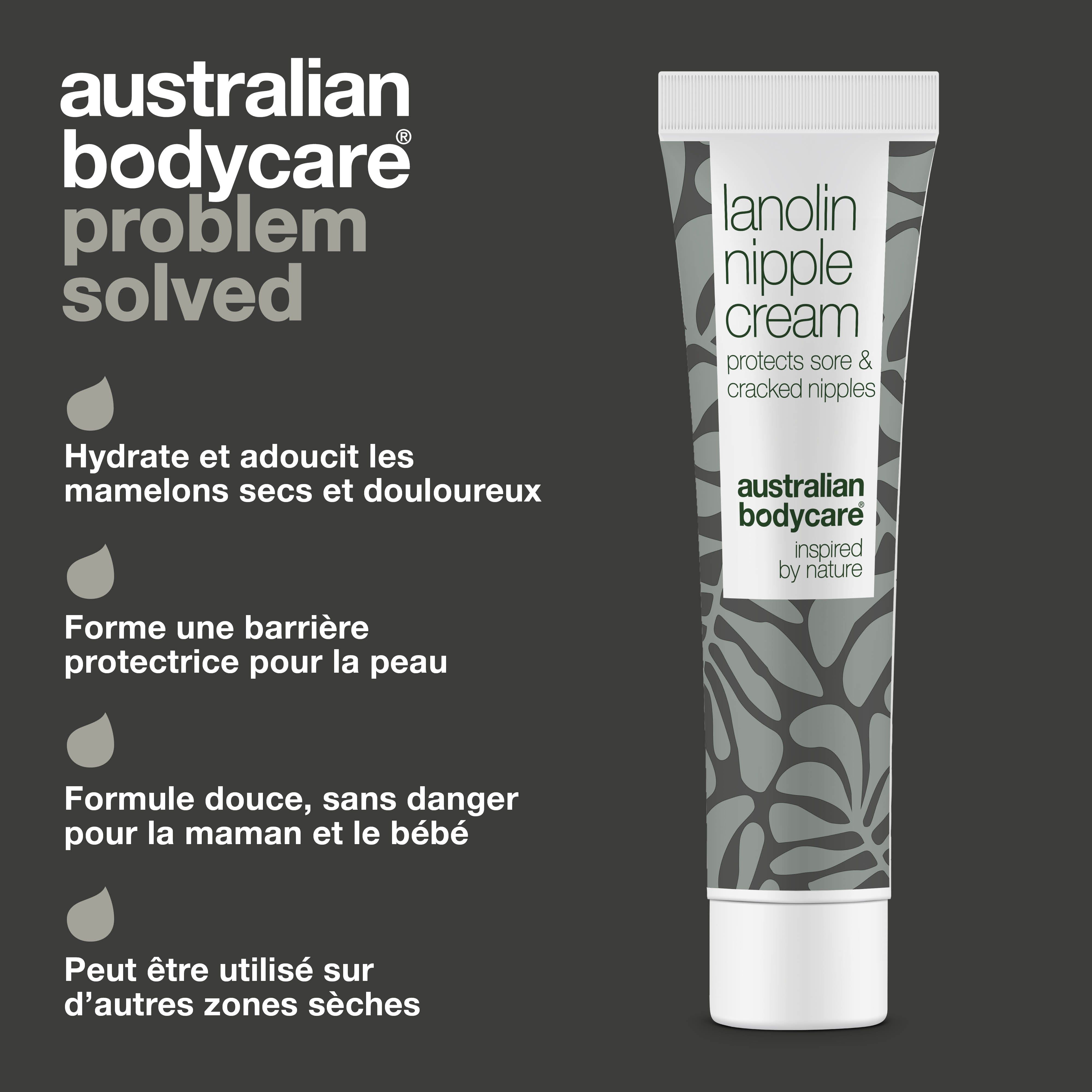 Tube de crème pour mamelons à la lanoline. Texte : Hydrate et adoucit les mamelons secs et douloureux. Forme une barrière protectrice pour la peau.