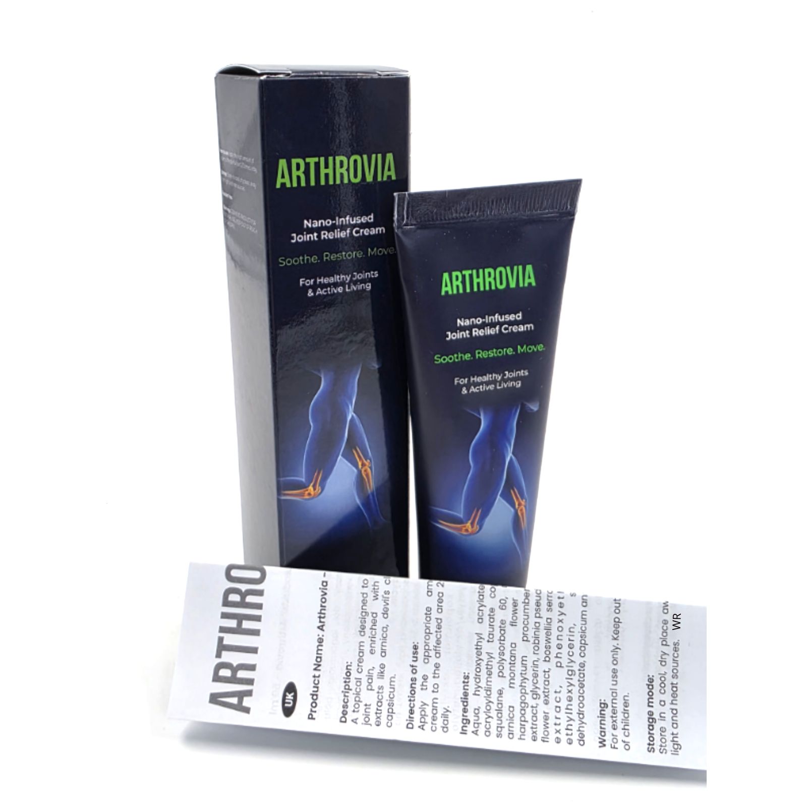 ArthroVia Nano-infused Joint Relief Cream tube, doos en bijsluiter, 50 ml.