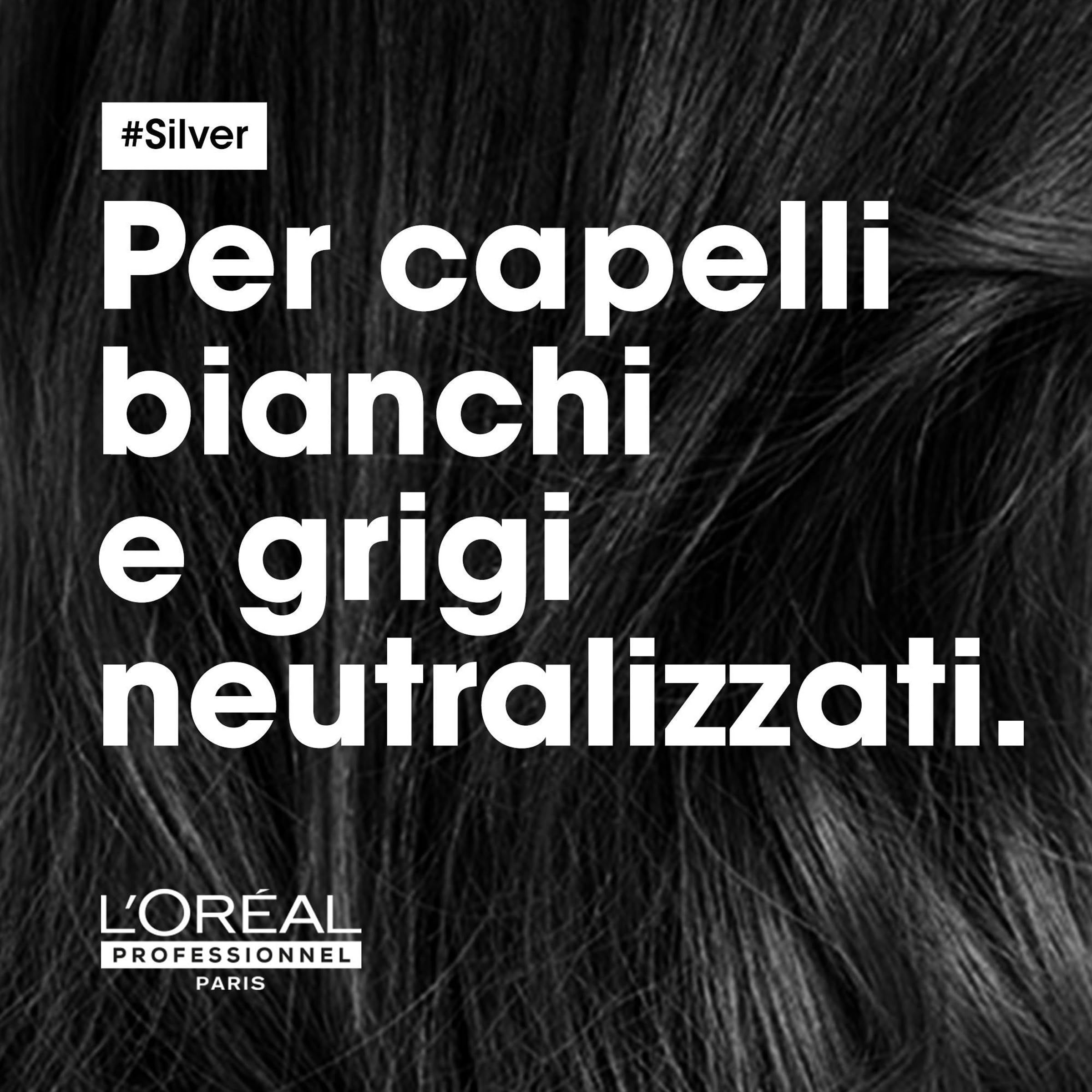 Texte avec le hashtag #Silver. Texte : Pour cheveux blancs et gris neutralisés. Logo L'Oréal Professionnel Paris.