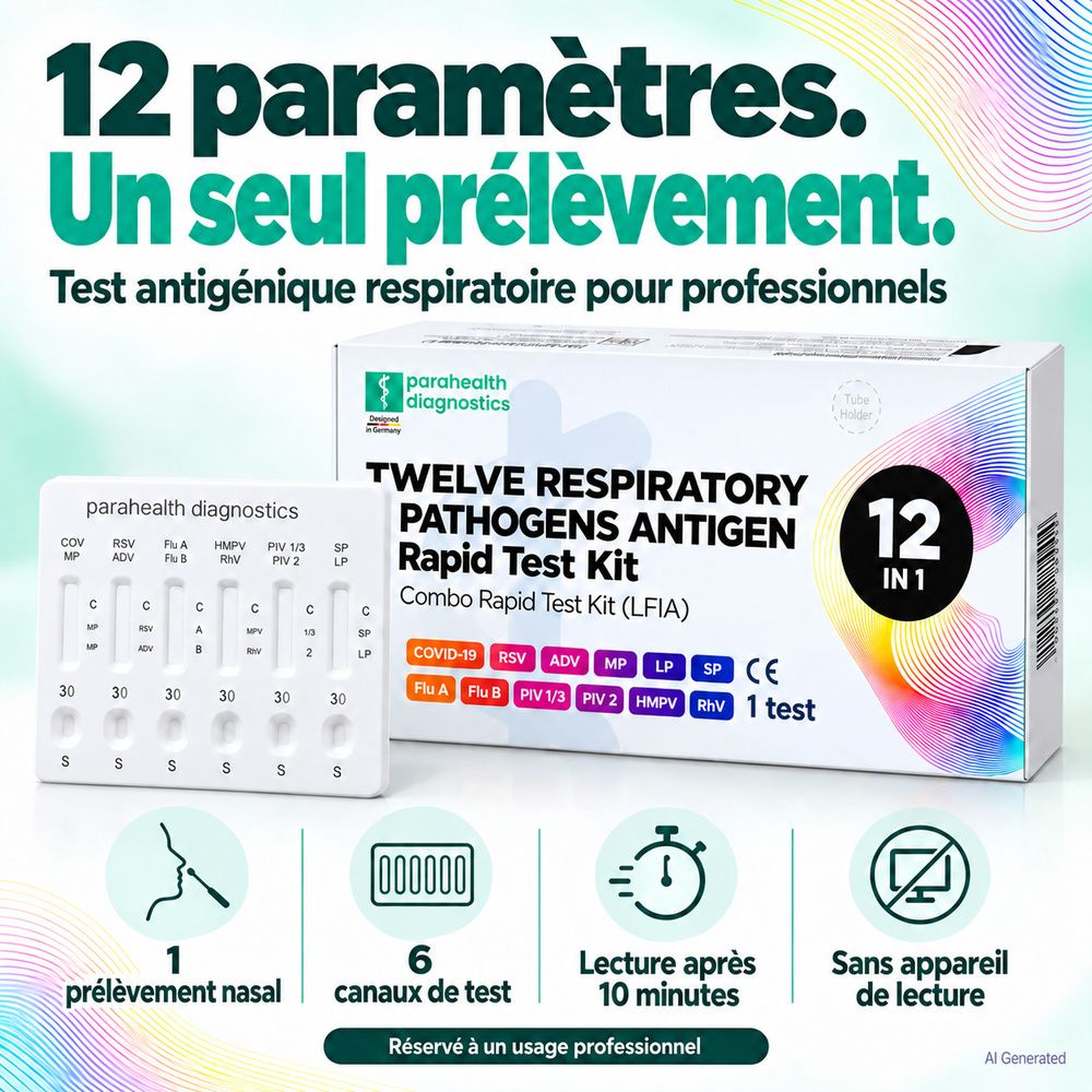 Parahealth Diagnostics Kit de test rapide combiné 12-en-1 pour pathogènes respiratoires. Montre la cassette de test et l'emballage.