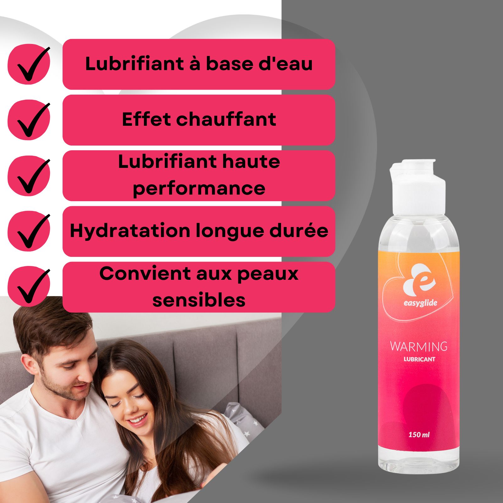 Flacon de gel lubrifiant. Dégradé orange/rose. Inscription : Warming Lubricant. 150 ml. Couple en arrière-plan.