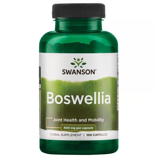 Flacon vert avec bouchon noir. Inscription: SWANSON Boswellia, 400 mg par capsule, 100 capsules.