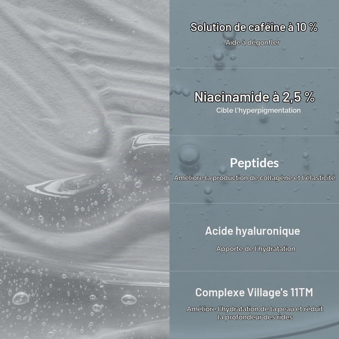 Texture de sérum claire avec bulles d'air. Contient de la caféine, du niacinamide, des peptides et de l'acide hyaluronique.