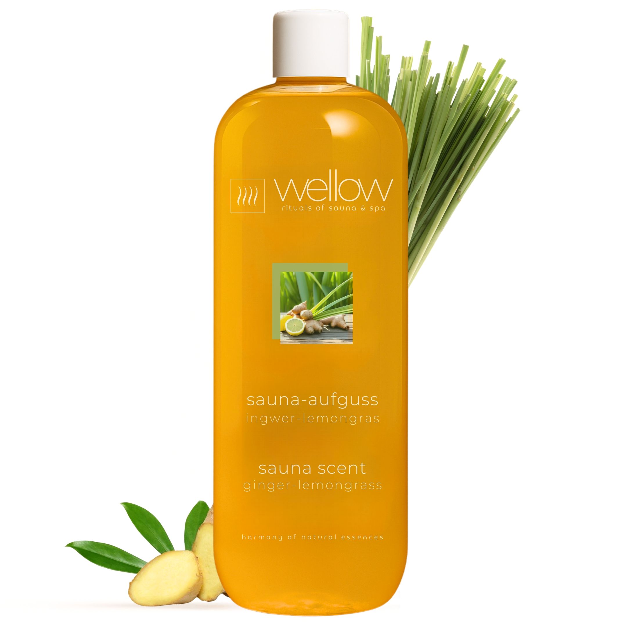 Gele fles met witte dop. Opschrift: Wellow, Sauna-Aufguss Ingwer-Lemongras, Sauna Scent Ginger-Lemongrass. Afbeelding van gember en citroen.