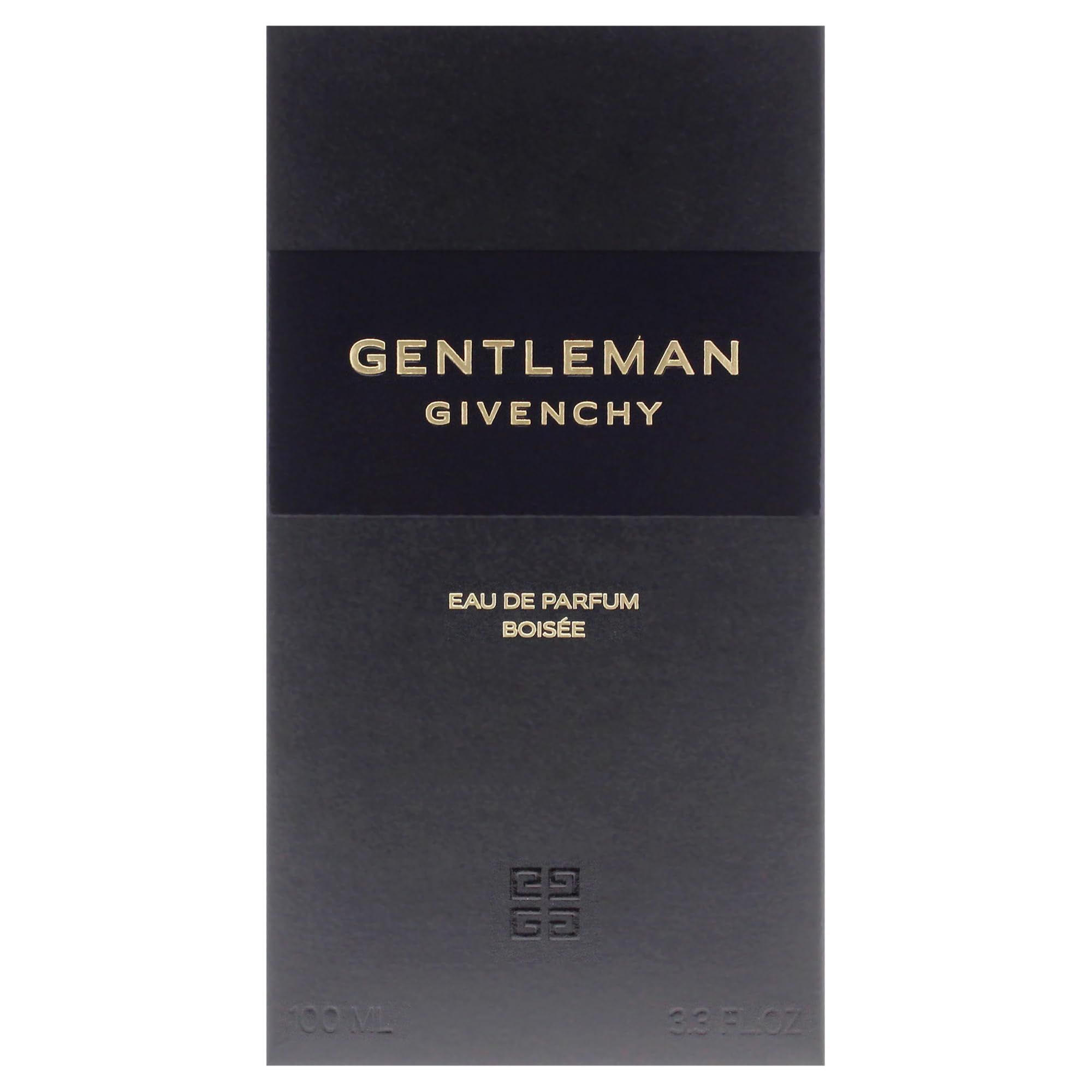 Boîte noire. Inscription: GENTLEMAN GIVENCHY. Eau de Parfum Boisée. Forme rectangulaire.