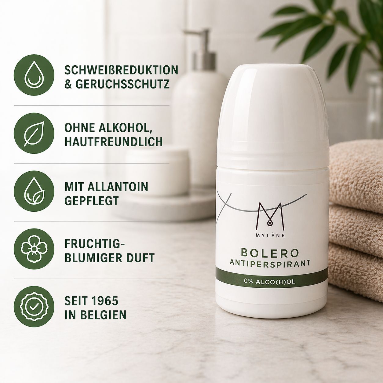 Witte deodorantroller. Tekst: Mylène, Bolero, Antitranspirant, 0% Alco(h)ol. Opschrift: Zonder alcohol, sinds 1965 in België.