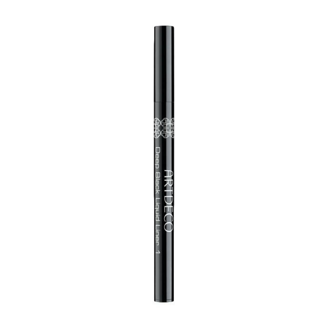 Zwarte vloeibare eyeliner. Opschrift: ARTDECO, Deep Black Liquid Liner 1. Zwarte, cilindrische vorm.