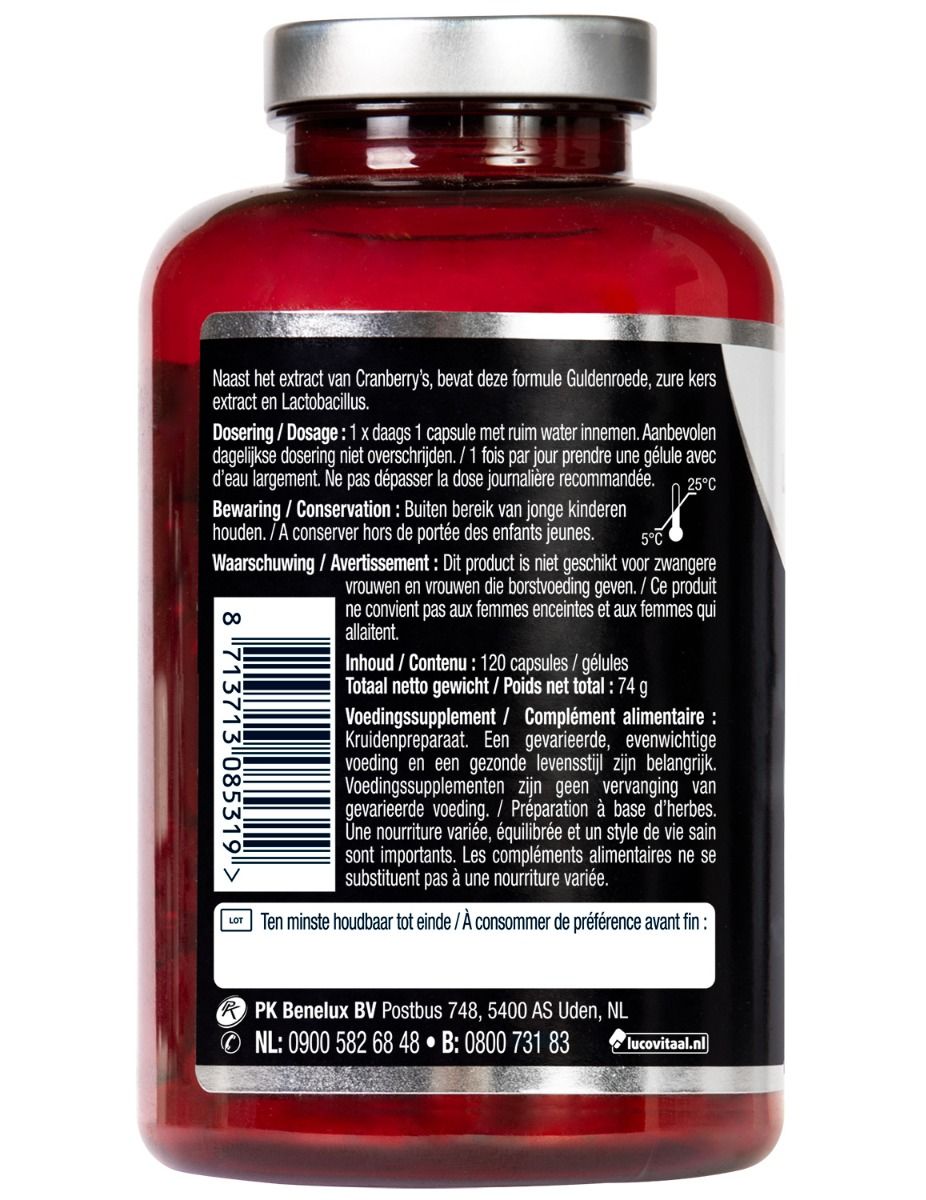 Achterkant fles met doseringsinstructies, waarschuwingen en houdbaarheidsdatum. Bevat 120 capsules.