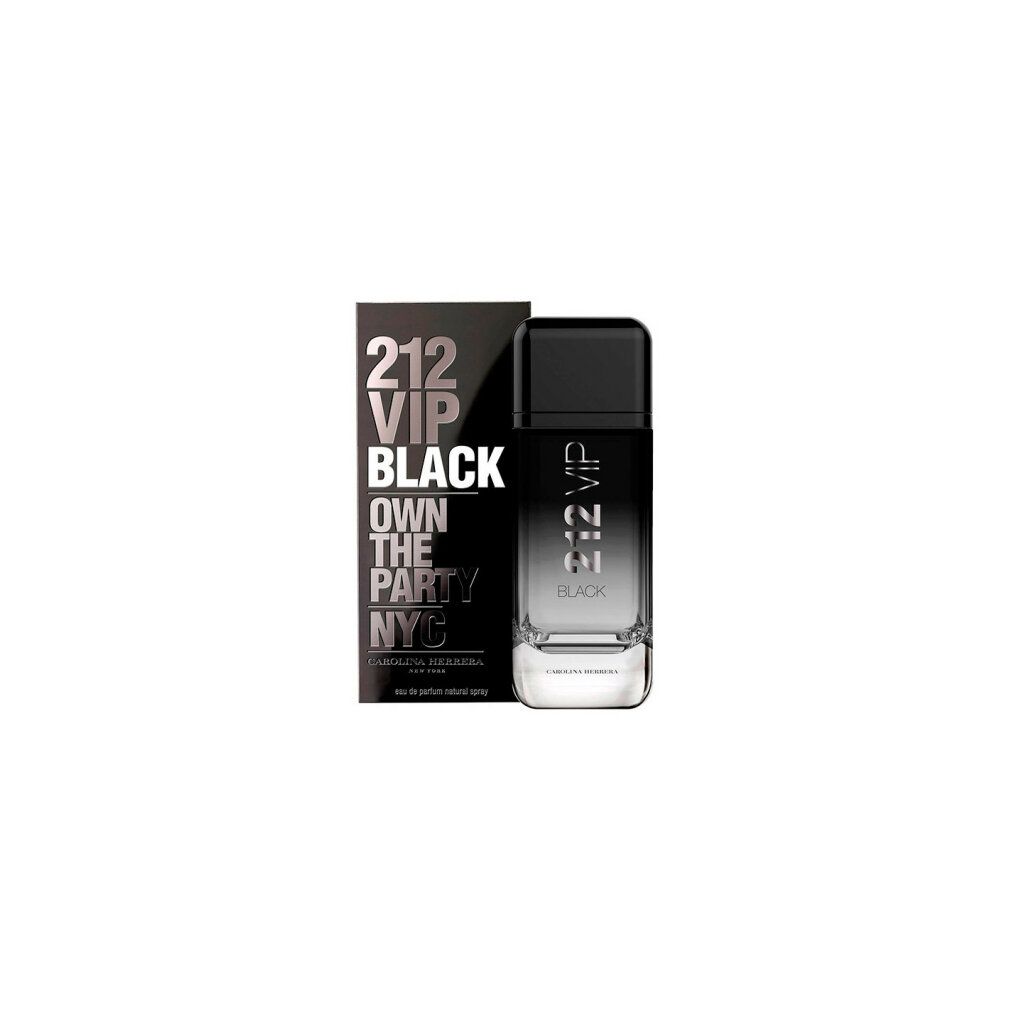 Flacon et boîte noirs. Inscription : 212 VIP BLACK, Carolina Herrera. Flacon avec dégradé de couleurs.