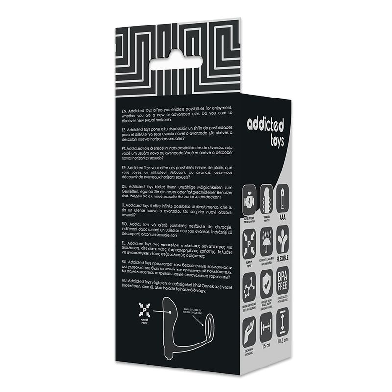Achterkant van de verpakking van de anale vibrator. Bevat productbeschrijving en iconen.