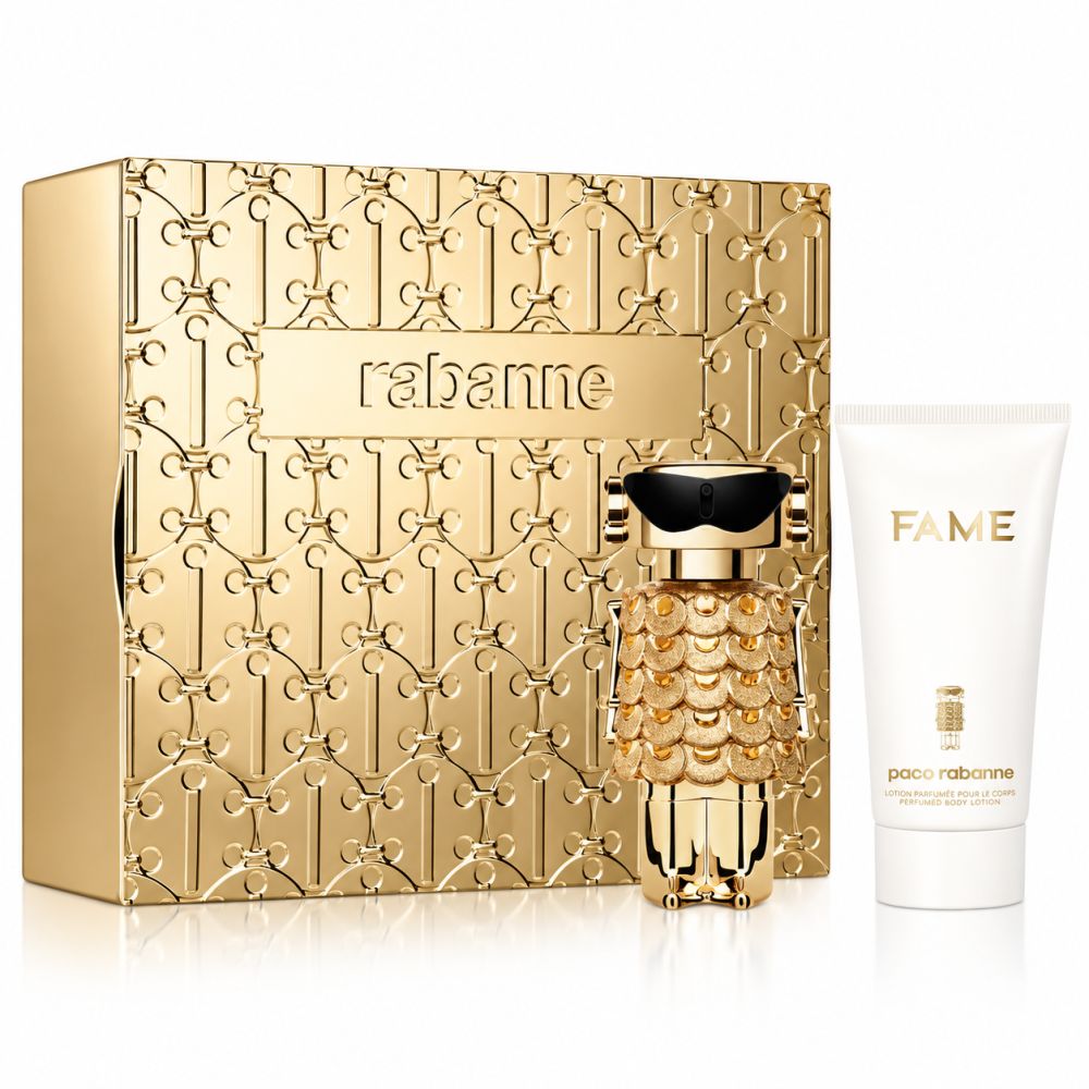 Gouden Paco Rabanne set met parfumfles en bodylotion. De fles is vormgegeven als een robotfiguur.