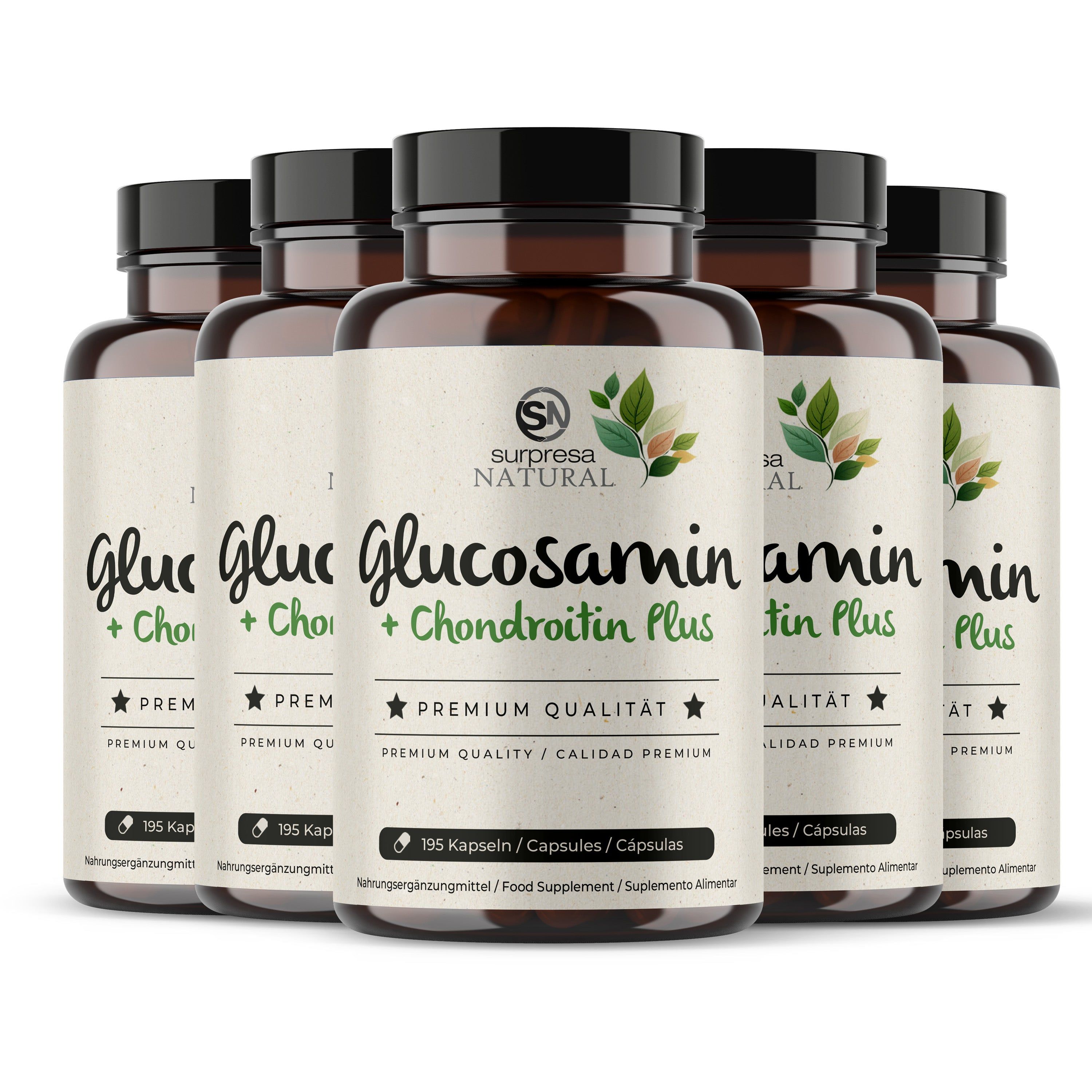 Zes flessen Surpresa Natural Glucosamin + Chondroitin Plus in een groep.