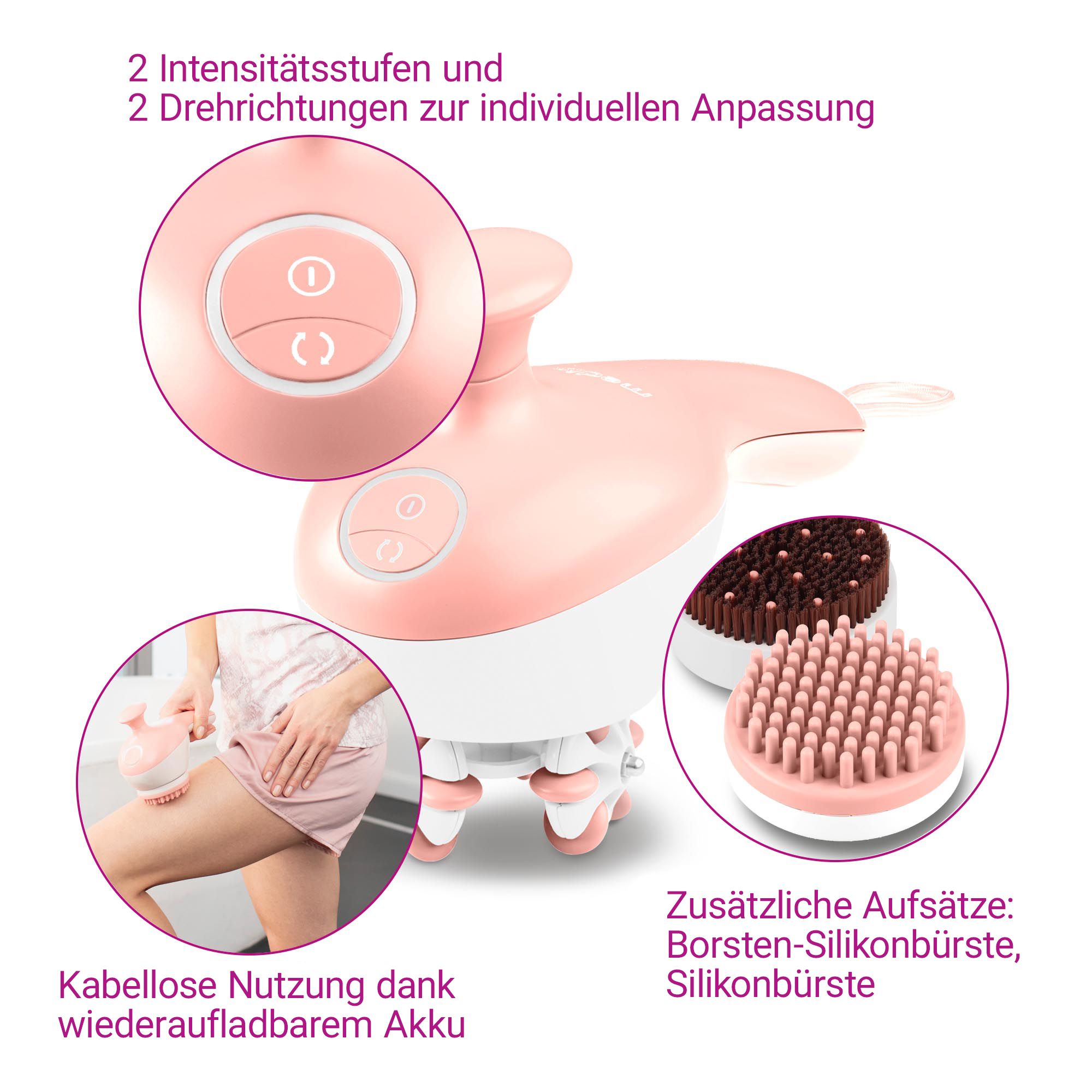 Appareil de massage rose avec deux embouts : brosses et brosses en silicone.