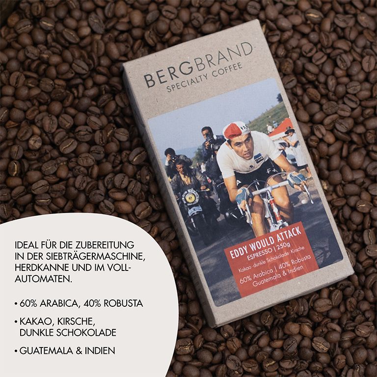 Koffieverpakking BERGBRAND Eddy would Attack op koffiebonen. Tekst: 60% Arabica, 40% Robusta, cacao, kers, pure chocolade.