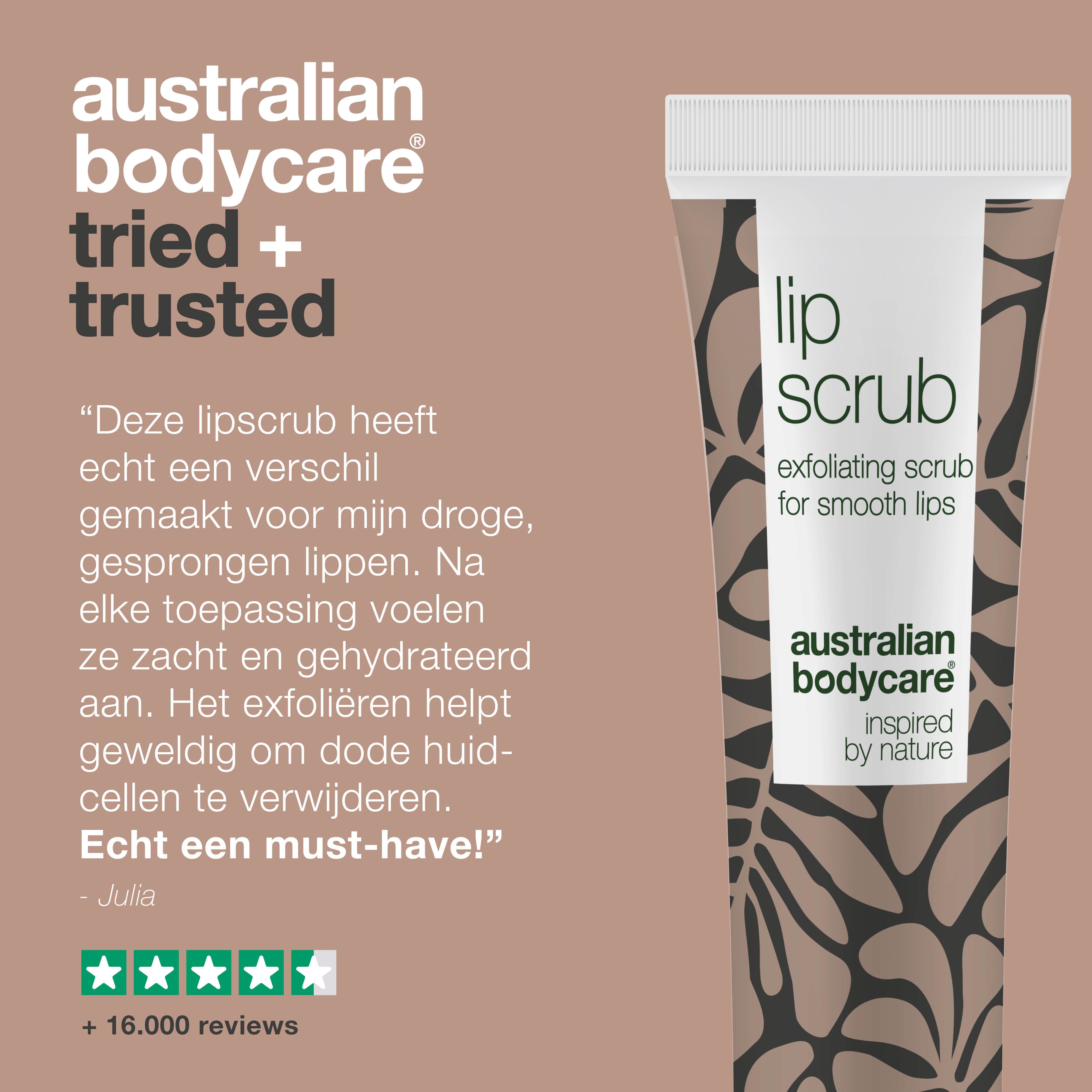 Lip Scrub-tube, bruin patroon, witte dop. Tekst: Australian Bodycare, Lip Scrub, +16.000 reviews.