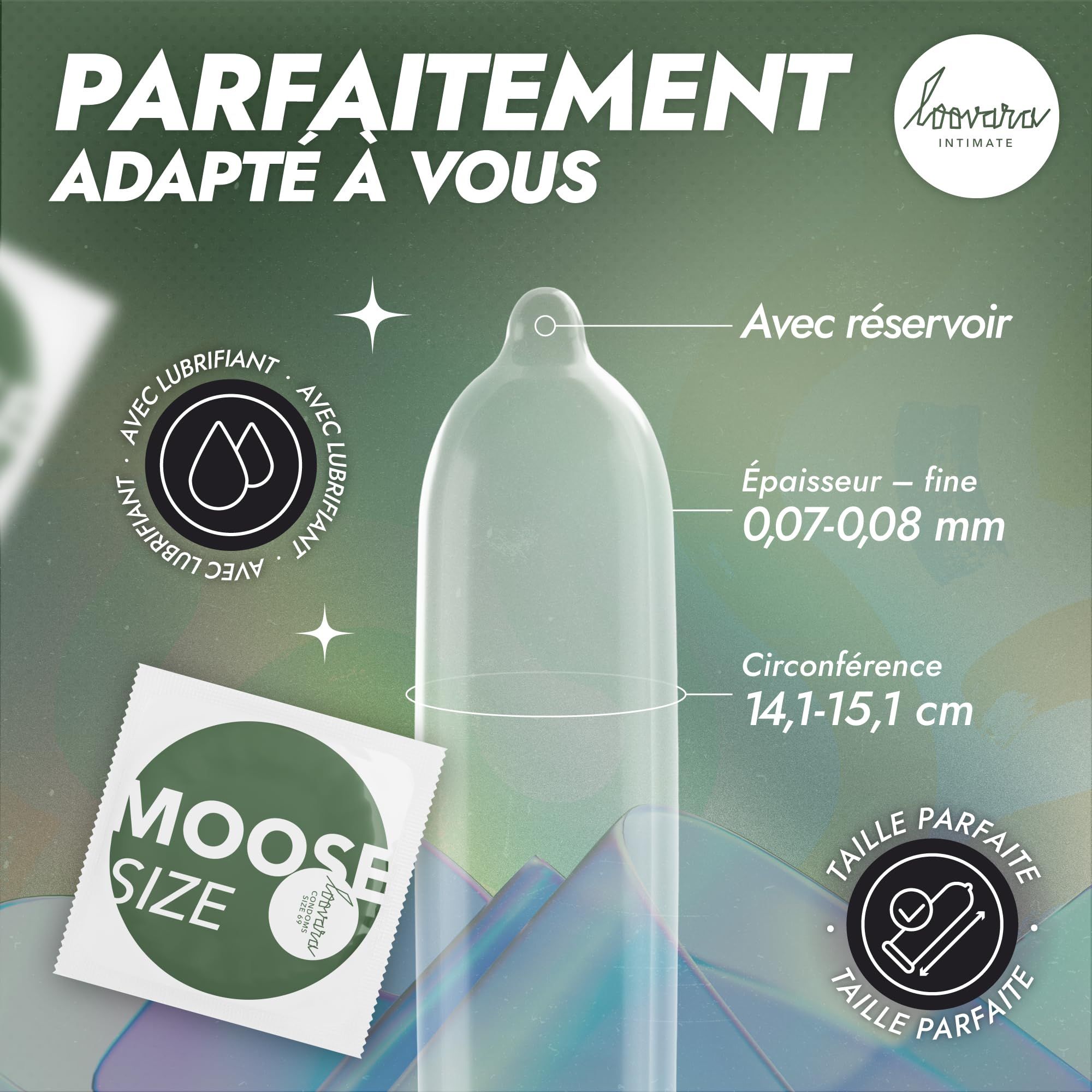 Préservatif Loovara Moose XXXL : fin, avec réservoir, 69mm de large, circonférence 14,1-15,1cm.