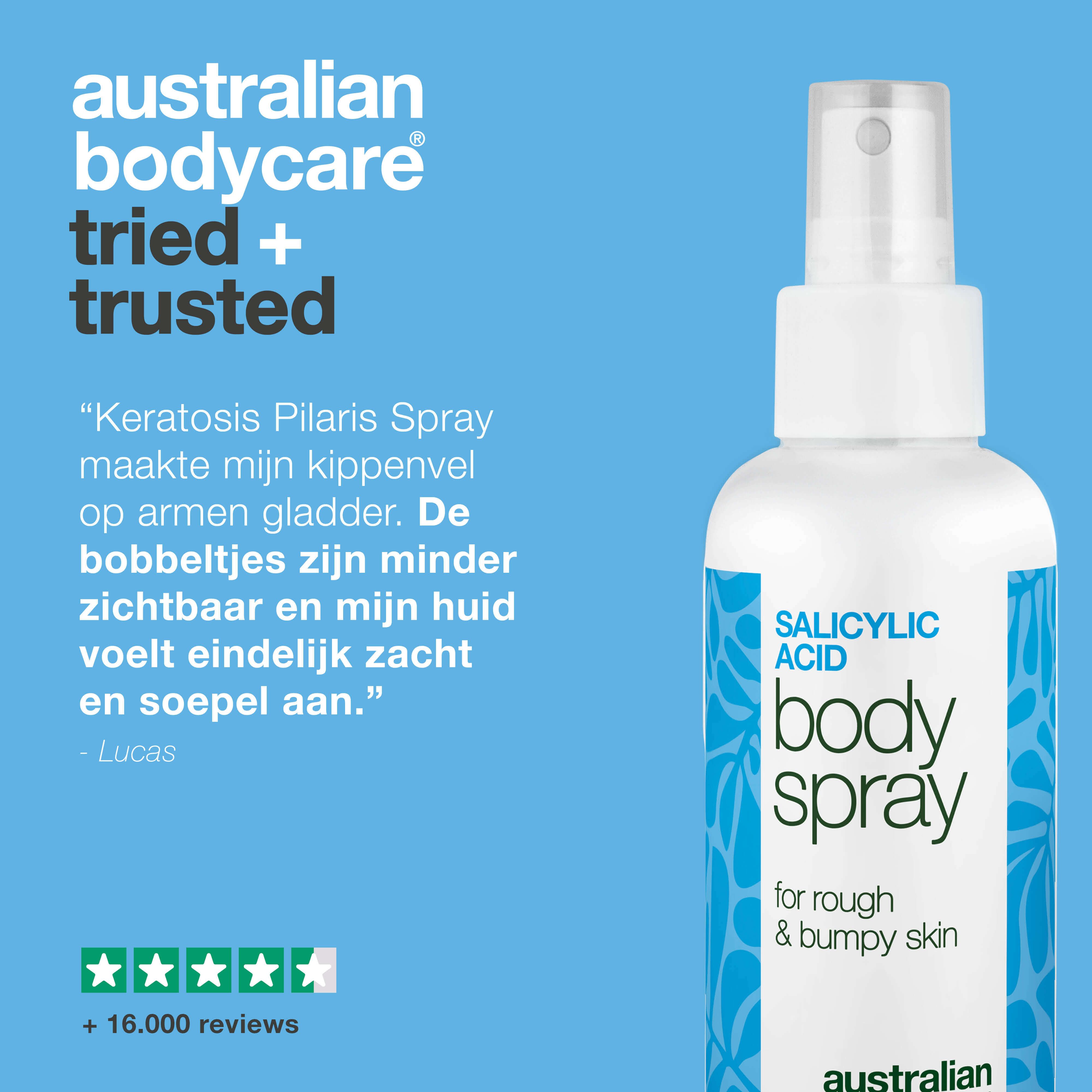 Product naast tekst: Keratosis Pilaris Spray heeft mijn huid verbeterd. Maakt huid glad en soepel. Product: Body Spray.