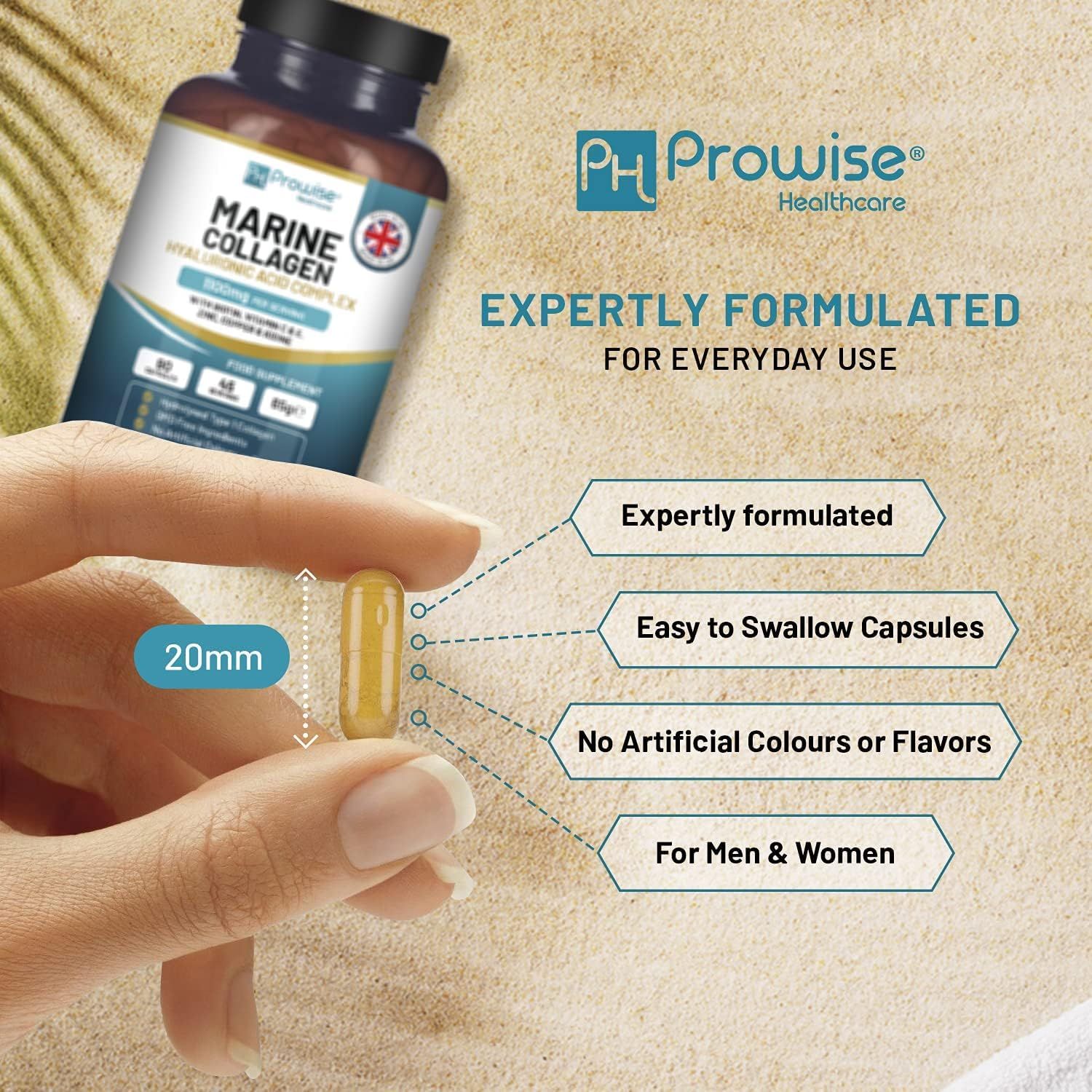 Main tenant une gélule. À côté : flacon de Marine Collagen. Texte : Formulé par des experts, facile à avaler, sans colorants ni arômes artificiels.