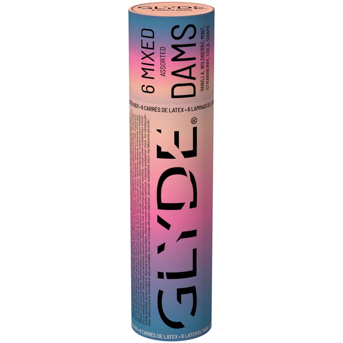 Cilindrische verpakking met "GLYDE DAMS". Bevat 6 gemengde latex dammen met smaken vanille, munt, aardbei en druif.