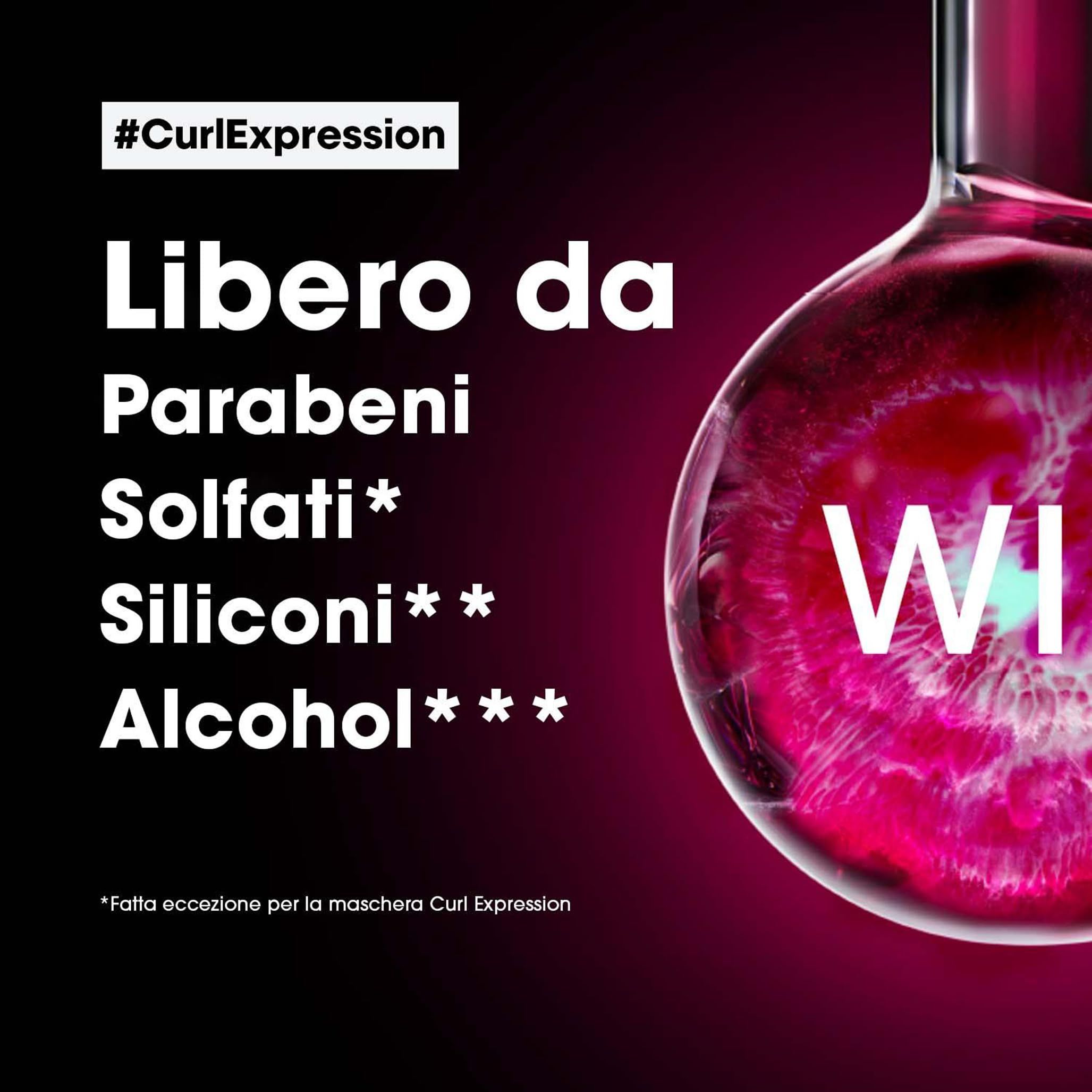 Illustration des ingrédients dans un récipient de laboratoire. Texte: #CurlExpression, Libero da Parabeni, Solfati, Siliconi, Alcool.