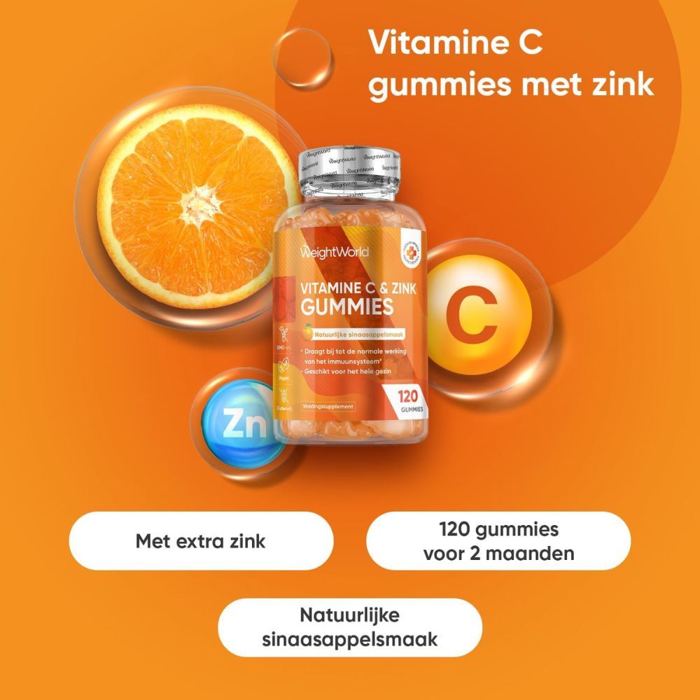 WeightWorld Vitamine C & Zink Gummies met sinaasappel, zink en gummies. Tekst: Vitamin C gummies met zink.