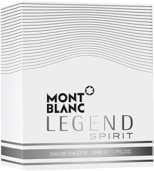 Boîte blanche avec inscription MONTBLANC LEGEND SPIRIT. Détails argentés. Eau de Toilette. 50ml/1.7 FL.OZ.