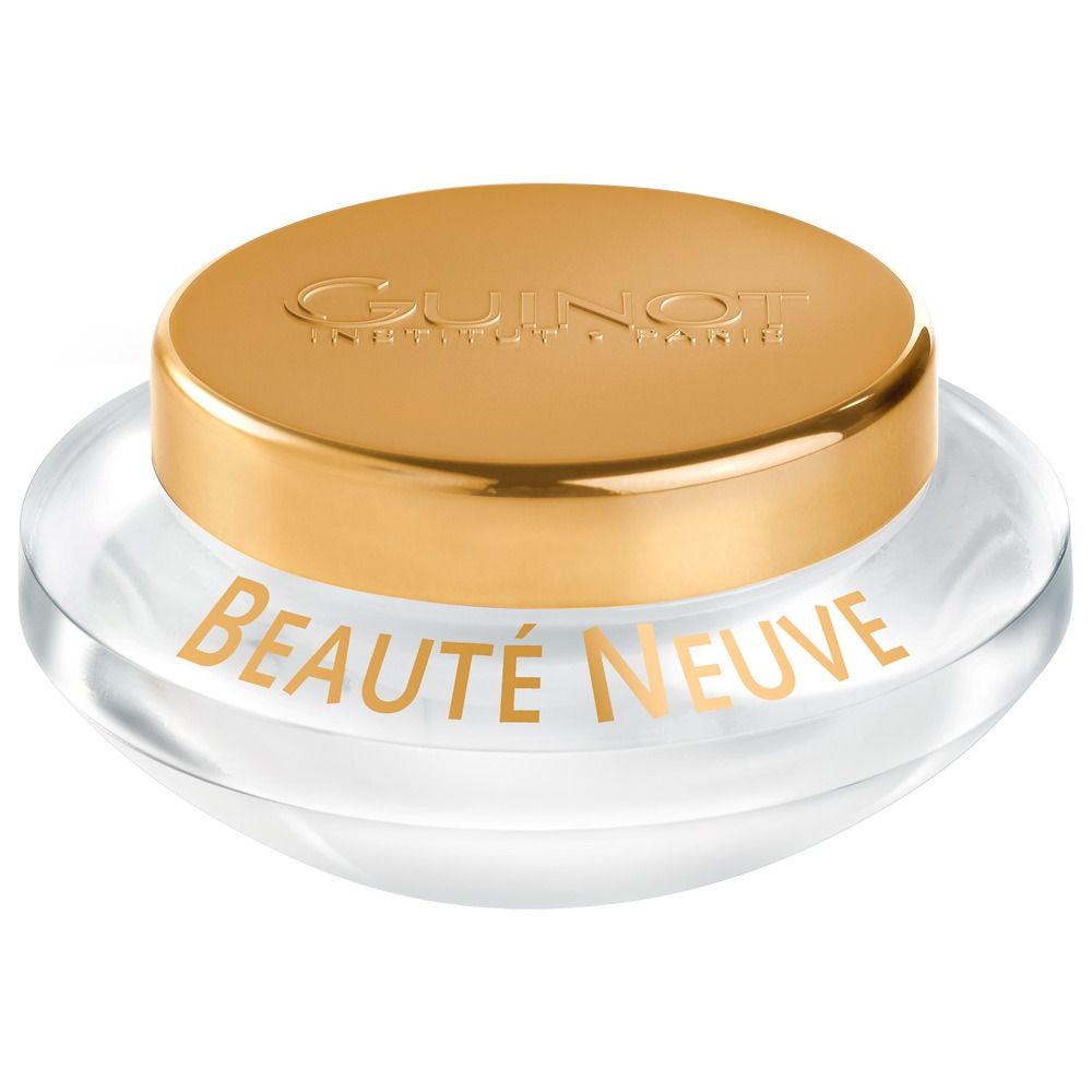 Pot en verre transparent rond avec couvercle doré. "GUINOT" est inscrit sur le couvercle. "BEAUTÉ NEUVE" en doré sur le pot.