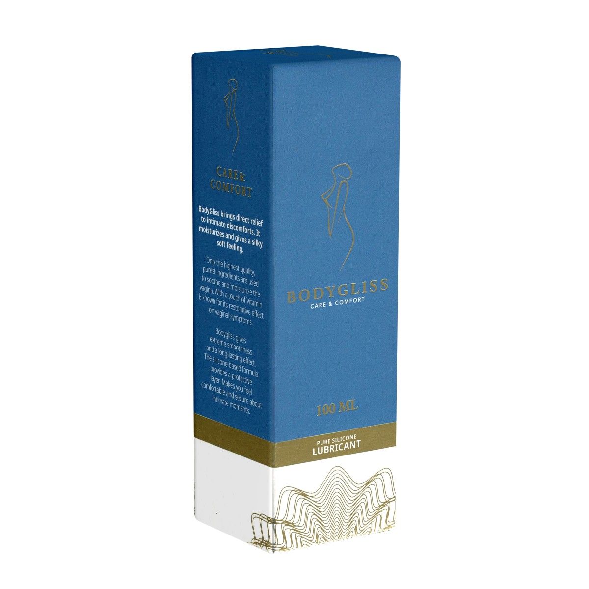 Emballage bleu avec ornement doré. Inscription: BodyGliss Care & Comfort. 100 ml. Texte sur les ingrédients et l'effet.