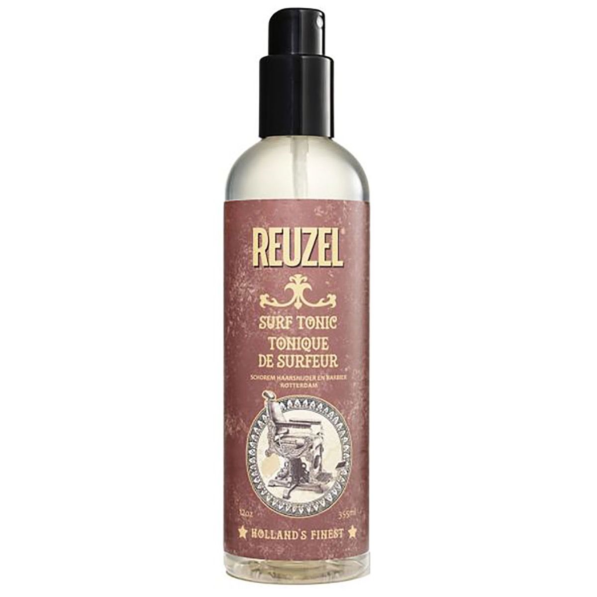 Reuzel Surf Tonic spray capillaire dans une bouteille brune avec un pulvérisateur noir.