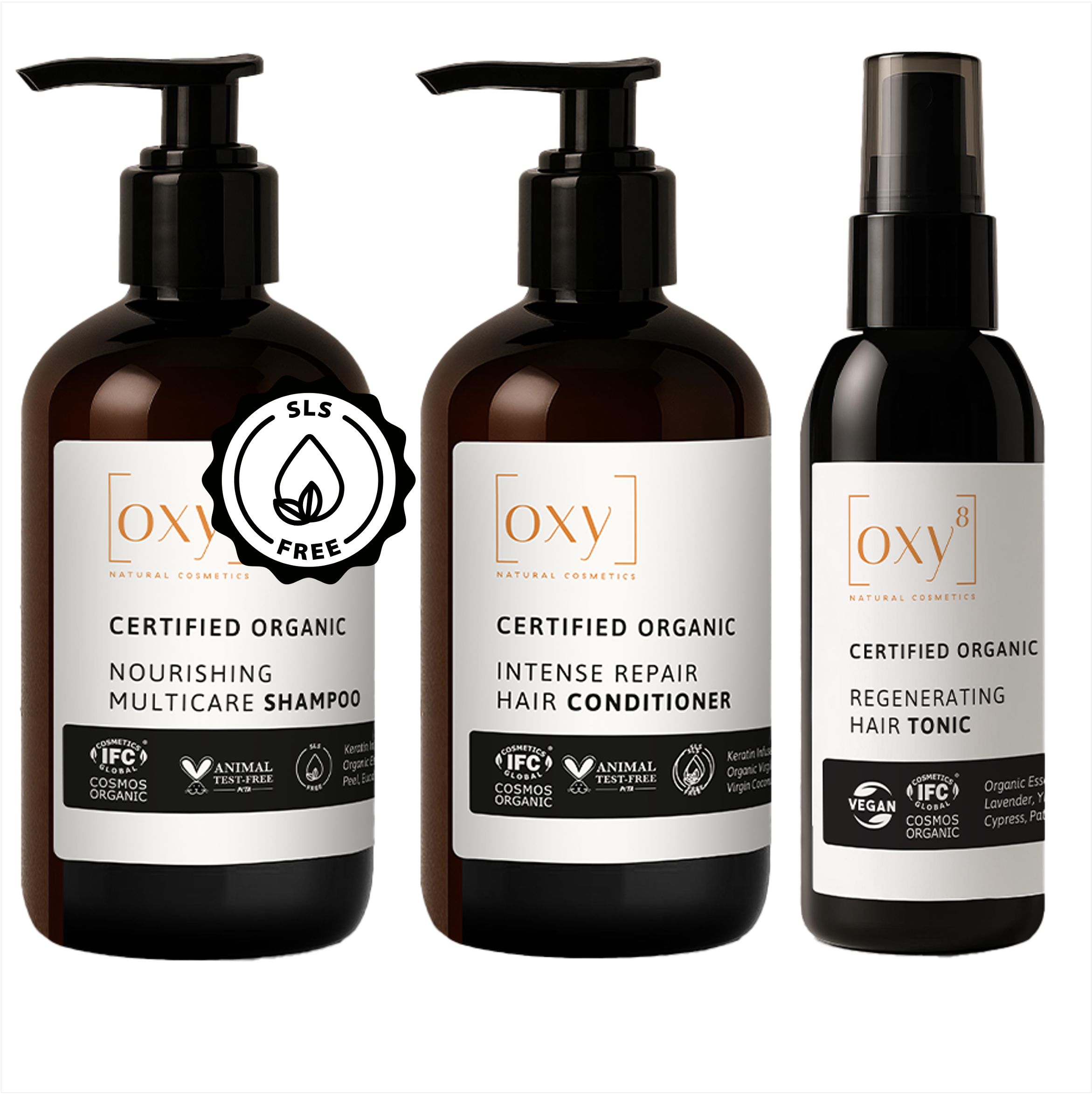 Trois flacons oxy8 Naturkosmetik. Shampoo, revitalisant et tonique capillaire. Flacons bruns avec pompe et vaporisateur noirs.