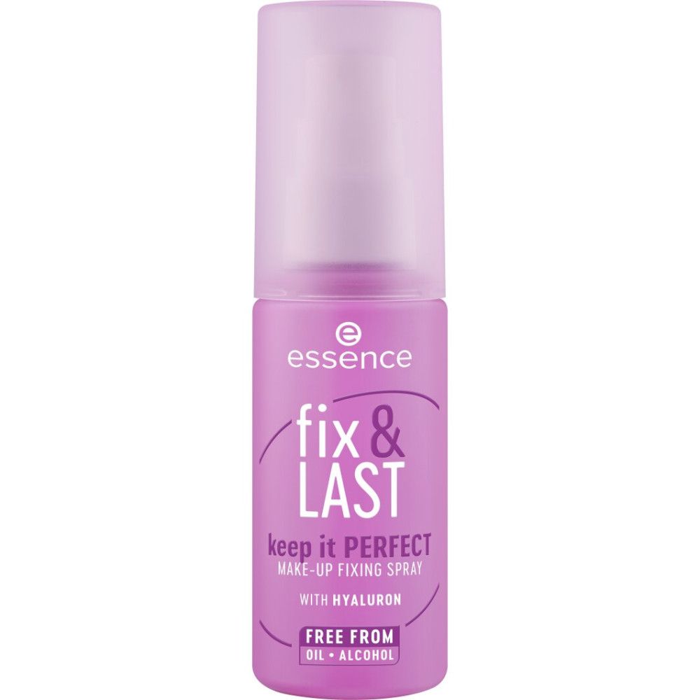 Essence Fix & Last Make-up Fixing Spray. Paarse fles met spuitkop en dop. Tekst: Keep it Perfect, met hyaluron, vrij van olie en alcohol.
